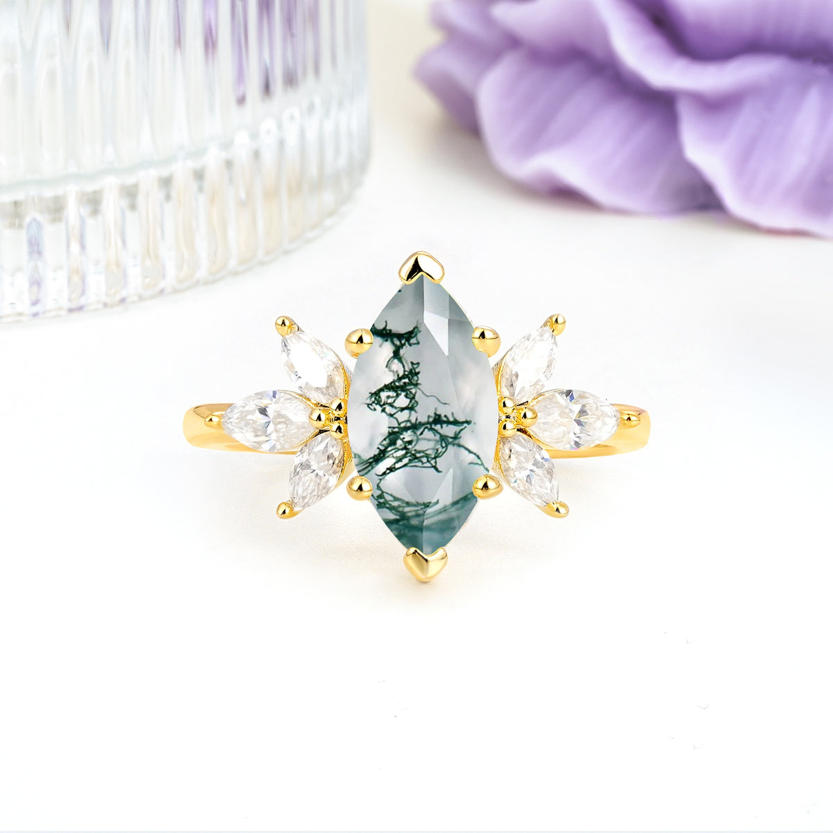 Large Marquise Center Solitaire Symmetric Three Marquise Cut Side PetalMoss Agate Engagement Ring - Additional view