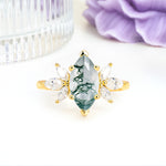 Large Marquise Center Solitaire Symmetric Three Marquise Cut Side PetalMoss Agate Engagement Ring - Additional view
