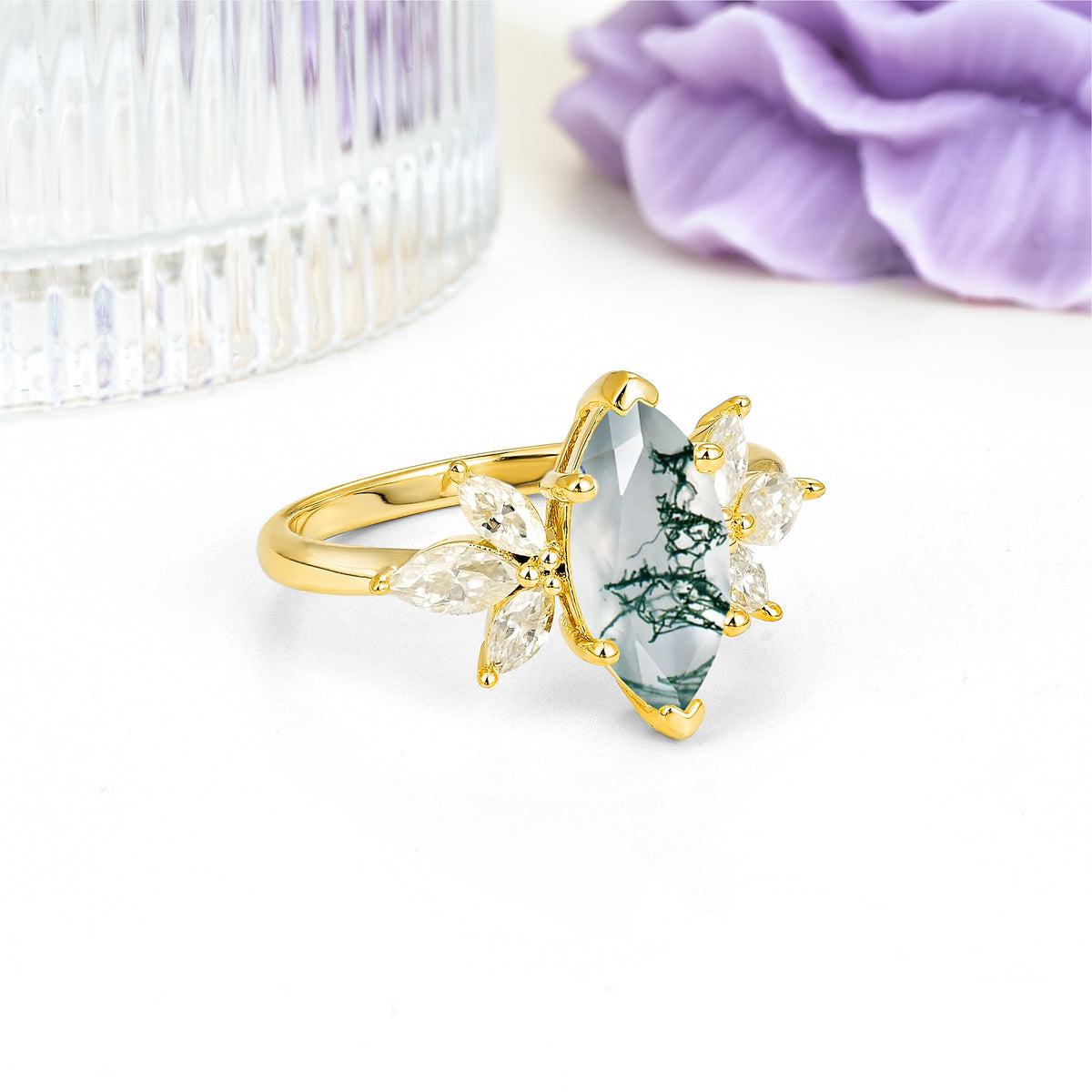 Large Marquise Center Solitaire Symmetric Three Marquise Cut Side PetalMoss Agate Engagement Ring - Additional view