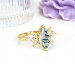 Large Marquise Center Solitaire Symmetric Three Marquise Cut Side PetalMoss Agate Engagement Ring - Additional view