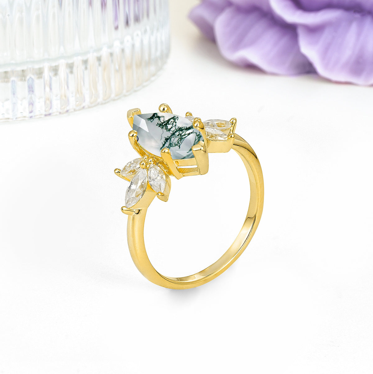 Large Marquise Center Solitaire Symmetric Three Marquise Cut Side PetalMoss Agate Engagement Ring - Additional view
