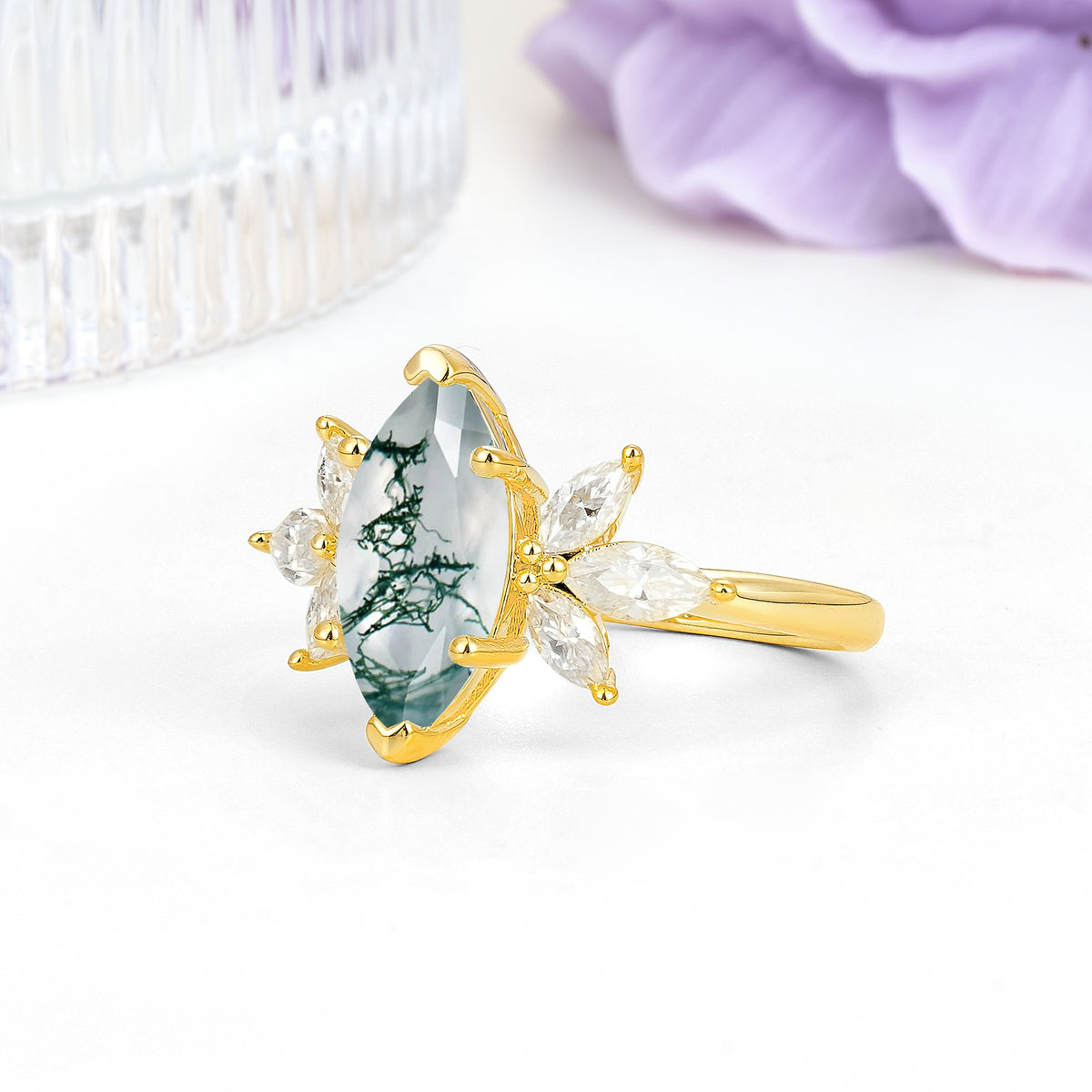 Large Marquise Center Solitaire Symmetric Three Marquise Cut Side PetalMoss Agate Engagement Ring - Additional view