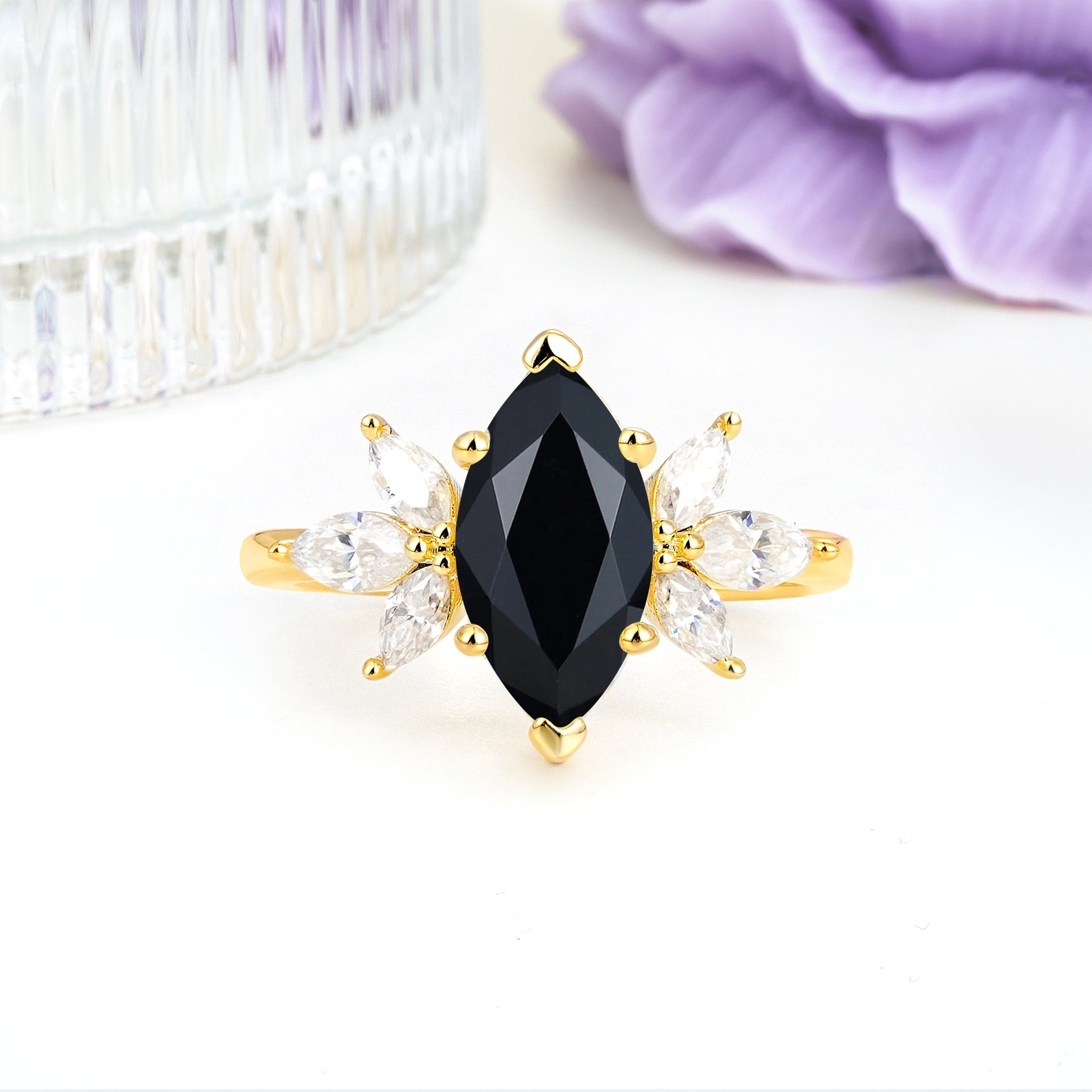Large Marquise Center Solitaire Symmetric Three Marquise Cut Side PetalBlack Onyx Engagement Ring - Additional view