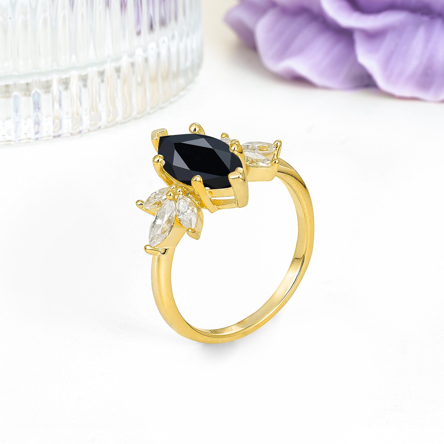 Large Marquise Center Solitaire Symmetric Three Marquise Cut Side PetalBlack Onyx Engagement Ring - Additional view