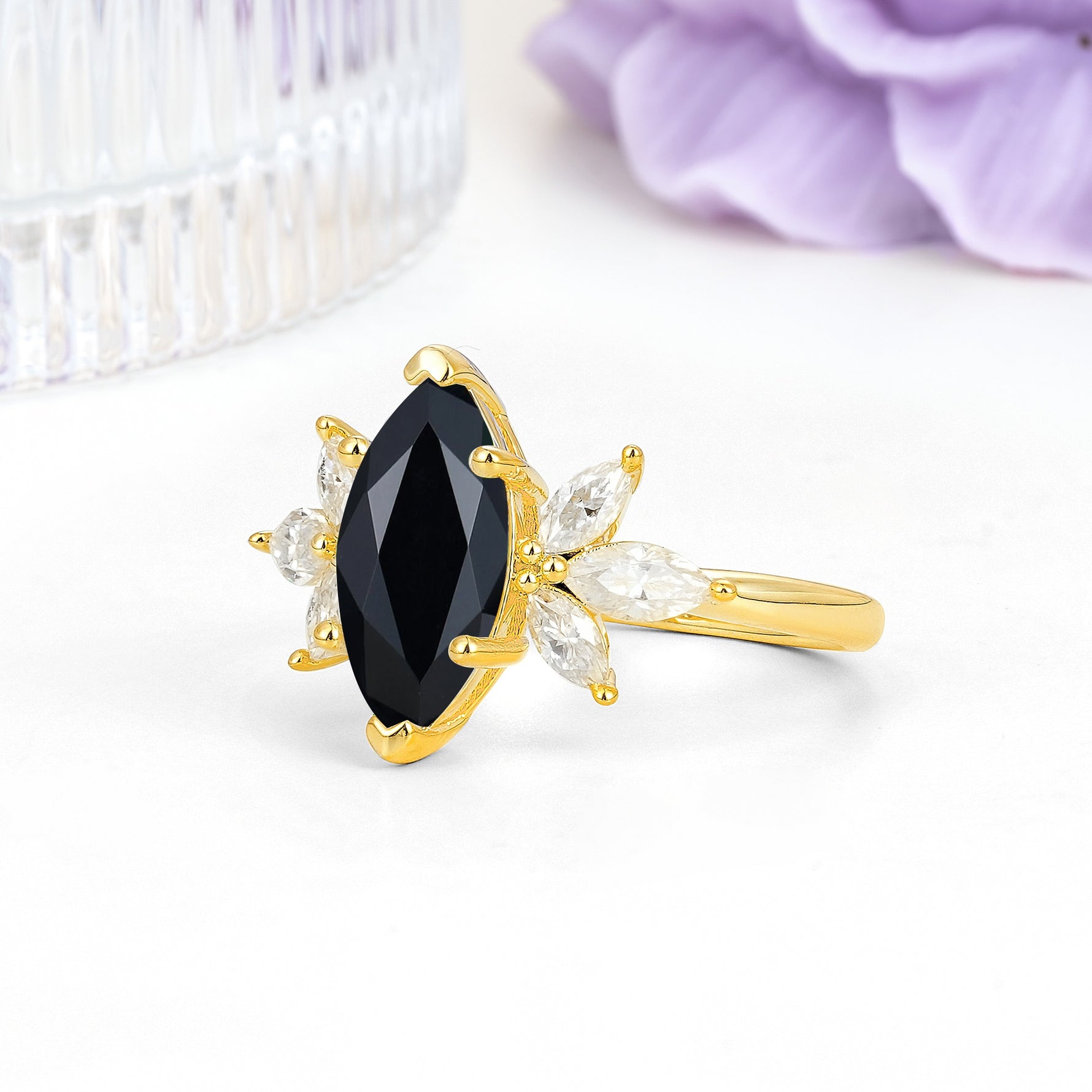 Large Marquise Center Solitaire Symmetric Three Marquise Cut Side PetalBlack Onyx Engagement Ring - Additional view