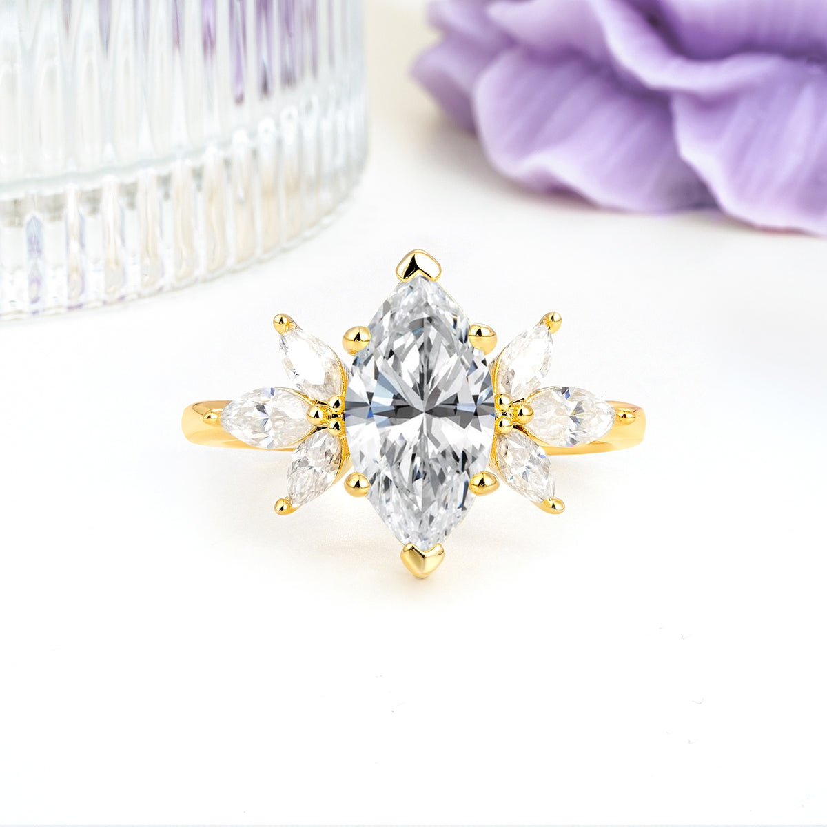 Large Marquise Center Solitaire Symmetric Three Marquise Cut Side PetalLab Diamond Engagement Ring - Additional view