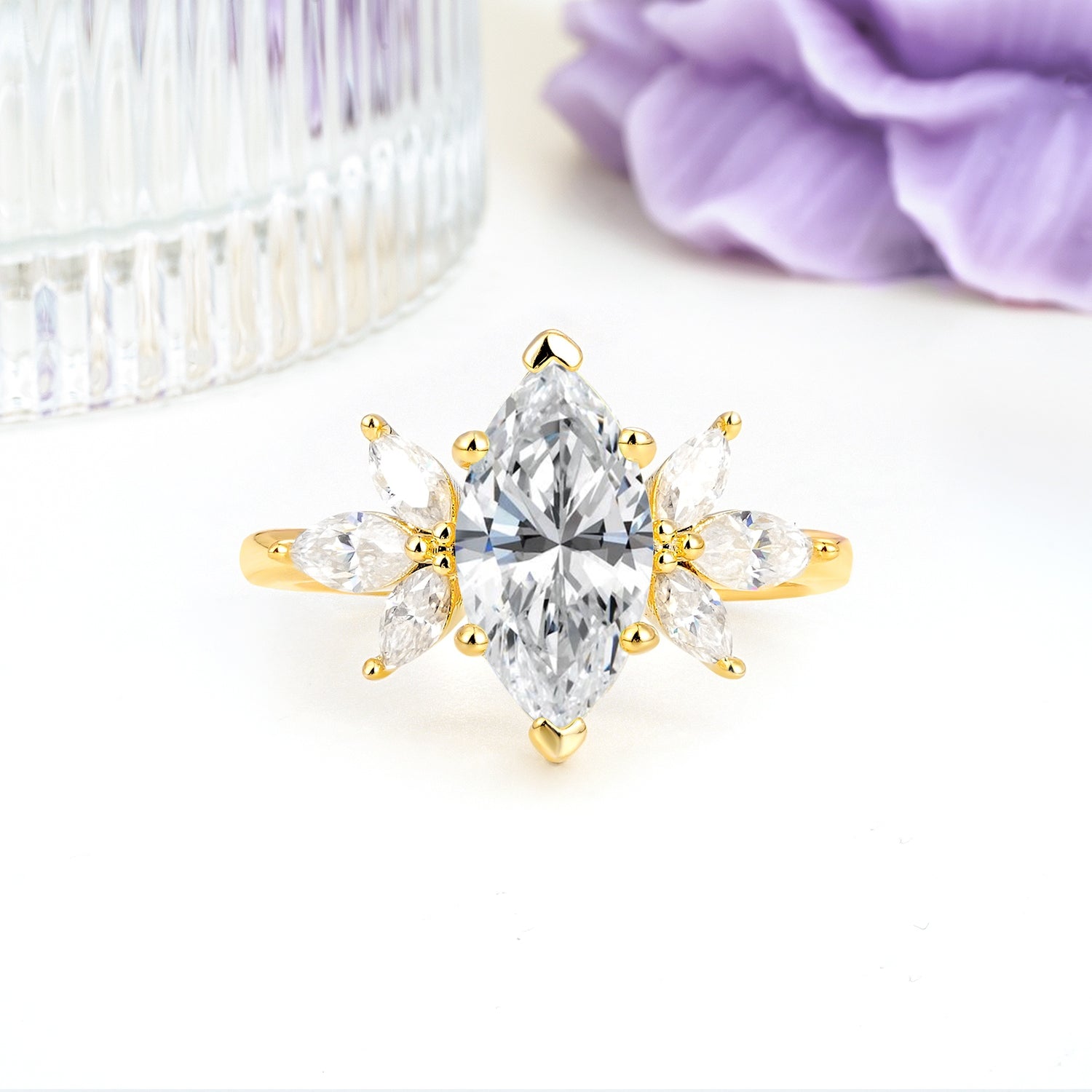 Large Marquise Center Solitaire Symmetric Three Marquise Cut Side PetalLab Diamond Engagement Ring - Additional view