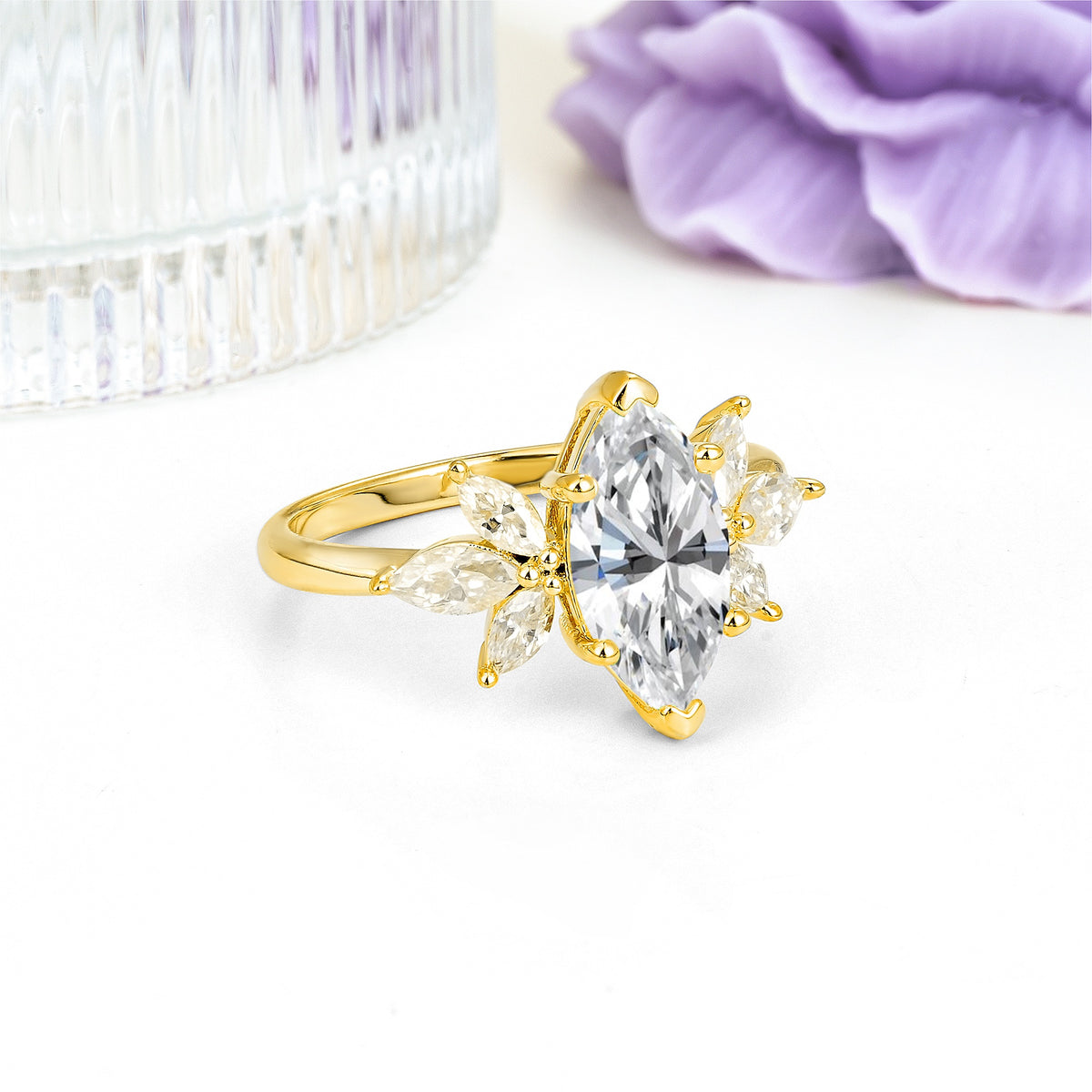Large Marquise Center Solitaire Symmetric Three Marquise Cut Side PetalLab Diamond Engagement Ring - Additional view