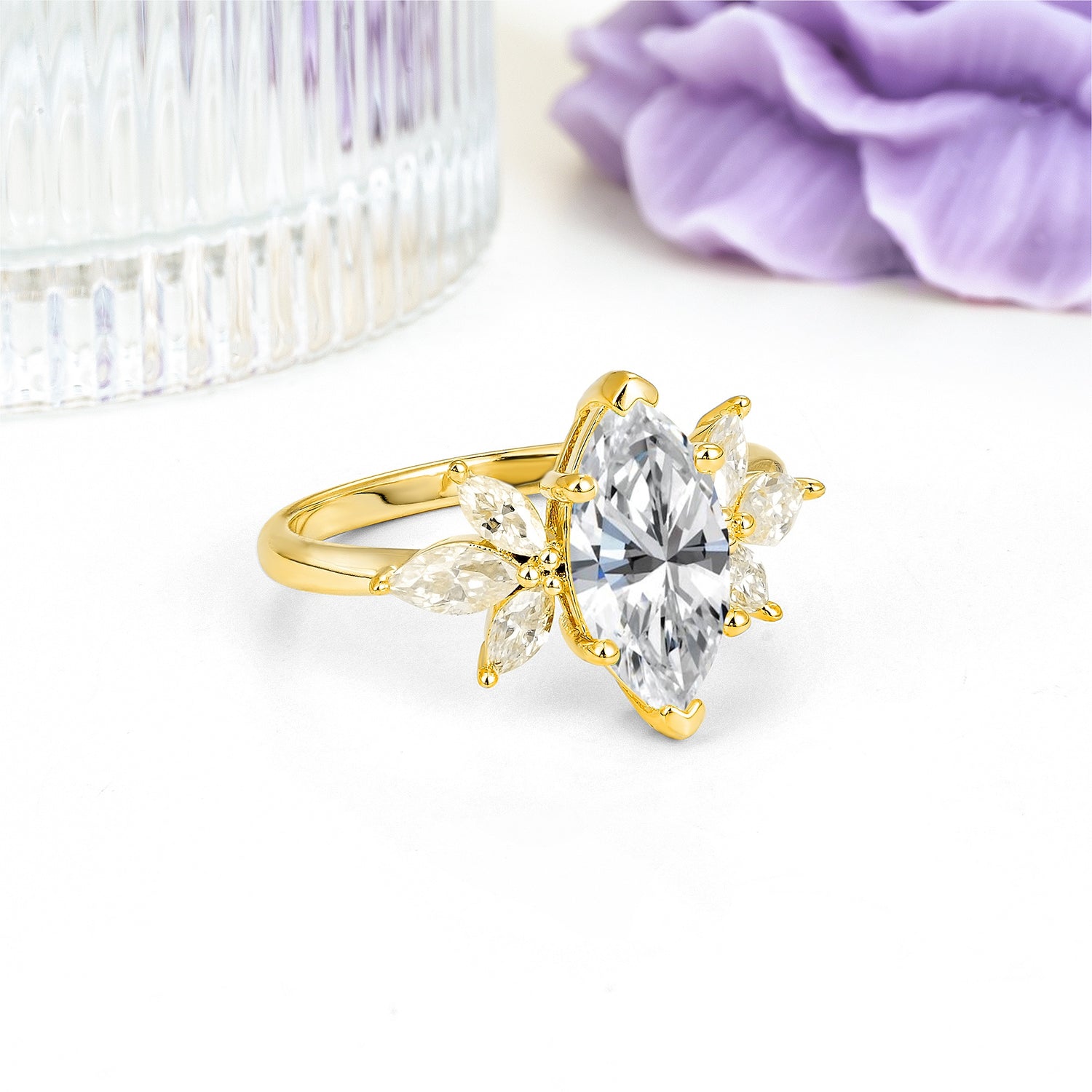 Large Marquise Center Solitaire Symmetric Three Marquise Cut Side PetalLab Diamond Engagement Ring - Additional view