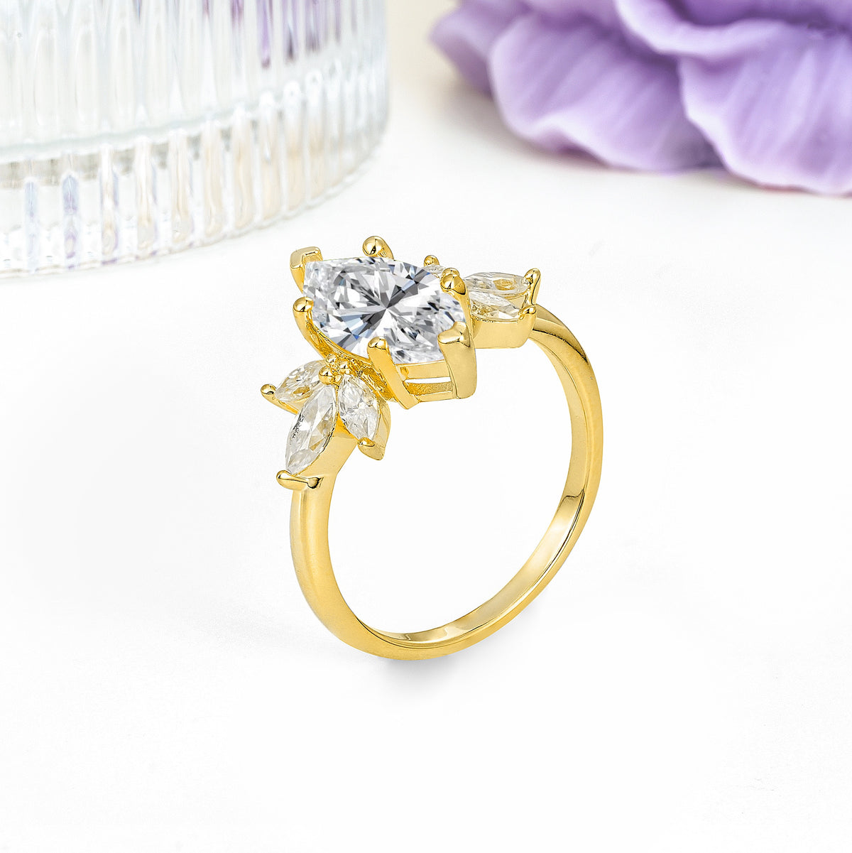 Large Marquise Center Solitaire Symmetric Three Marquise Cut Side PetalLab Diamond Engagement Ring - Additional view