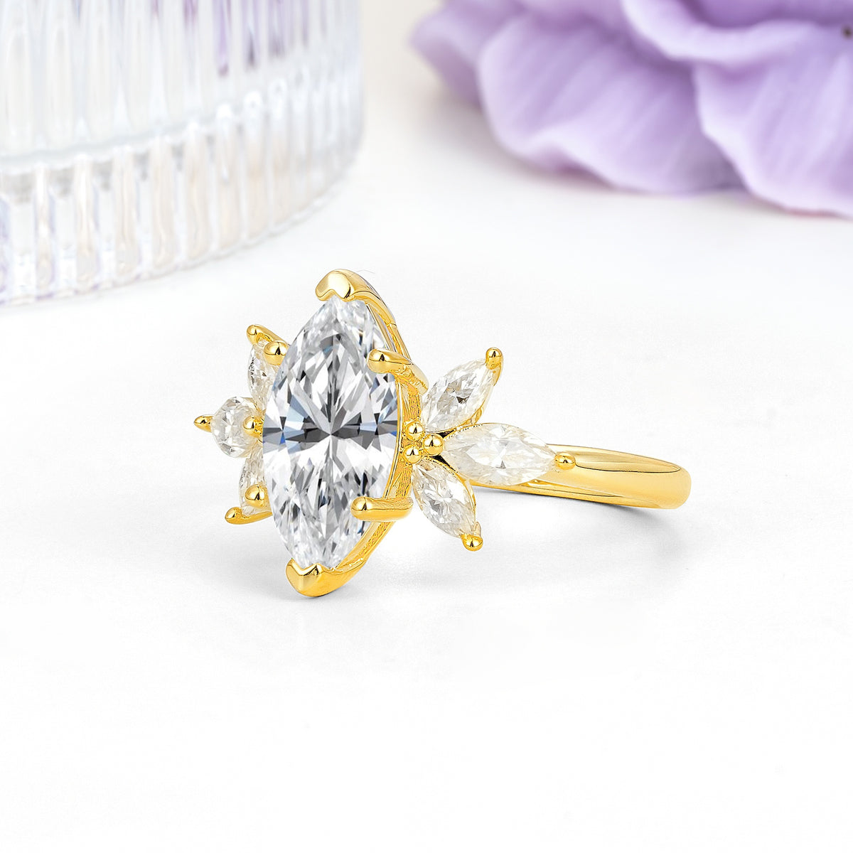 Large Marquise Center Solitaire Symmetric Three Marquise Cut Side PetalLab Diamond Engagement Ring - Additional view
