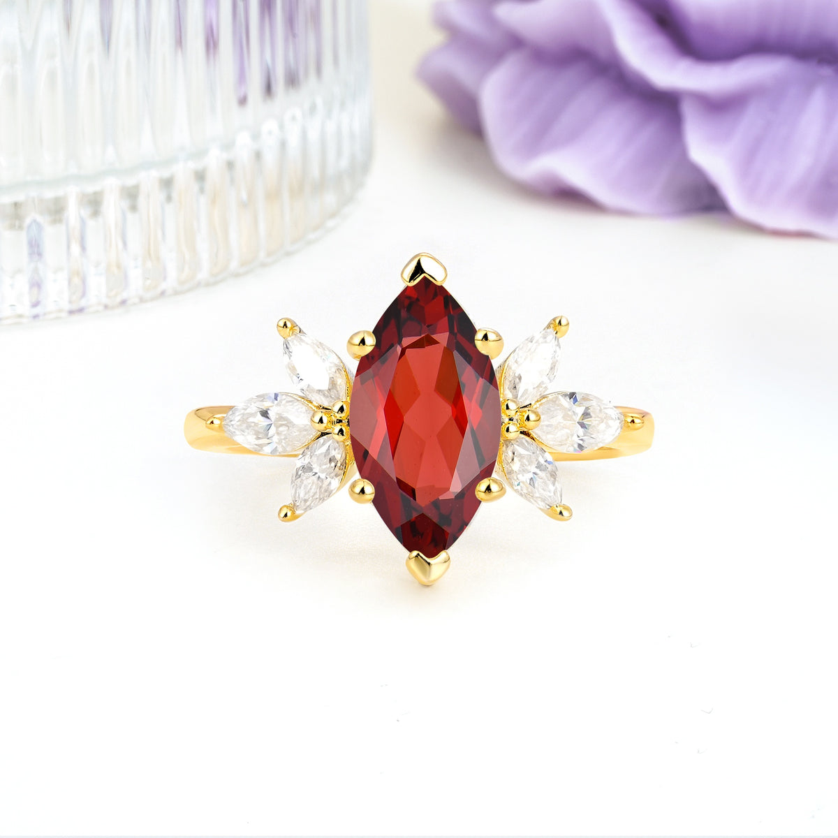 Large Marquise Center Solitaire Symmetric Three Marquise Cut Side PetalGarnet Engagement Ring - Additional view