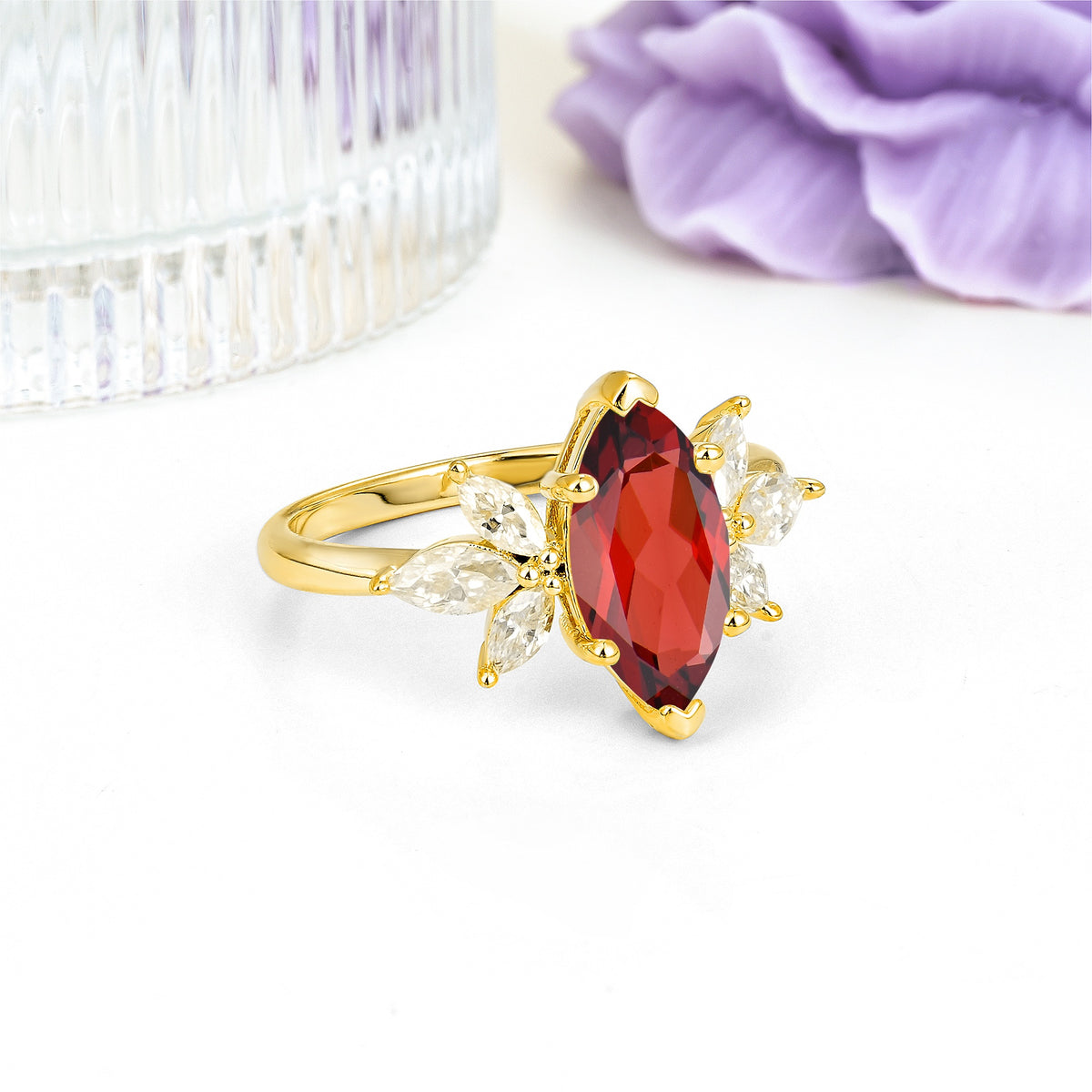 Large Marquise Center Solitaire Symmetric Three Marquise Cut Side PetalGarnet Engagement Ring - Additional view