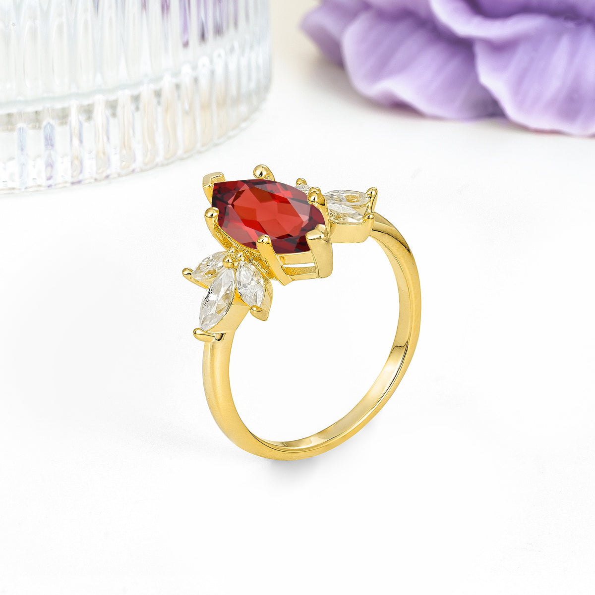 Large Marquise Center Solitaire Symmetric Three Marquise Cut Side PetalGarnet Engagement Ring - Additional view