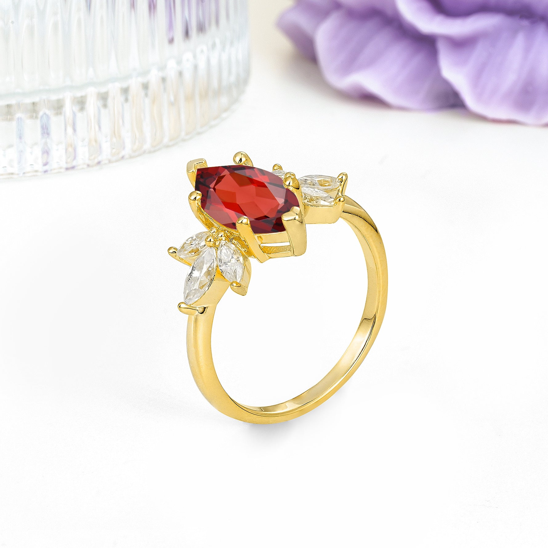 Large Marquise Center Solitaire Symmetric Three Marquise Cut Side PetalGarnet Engagement Ring - Additional view