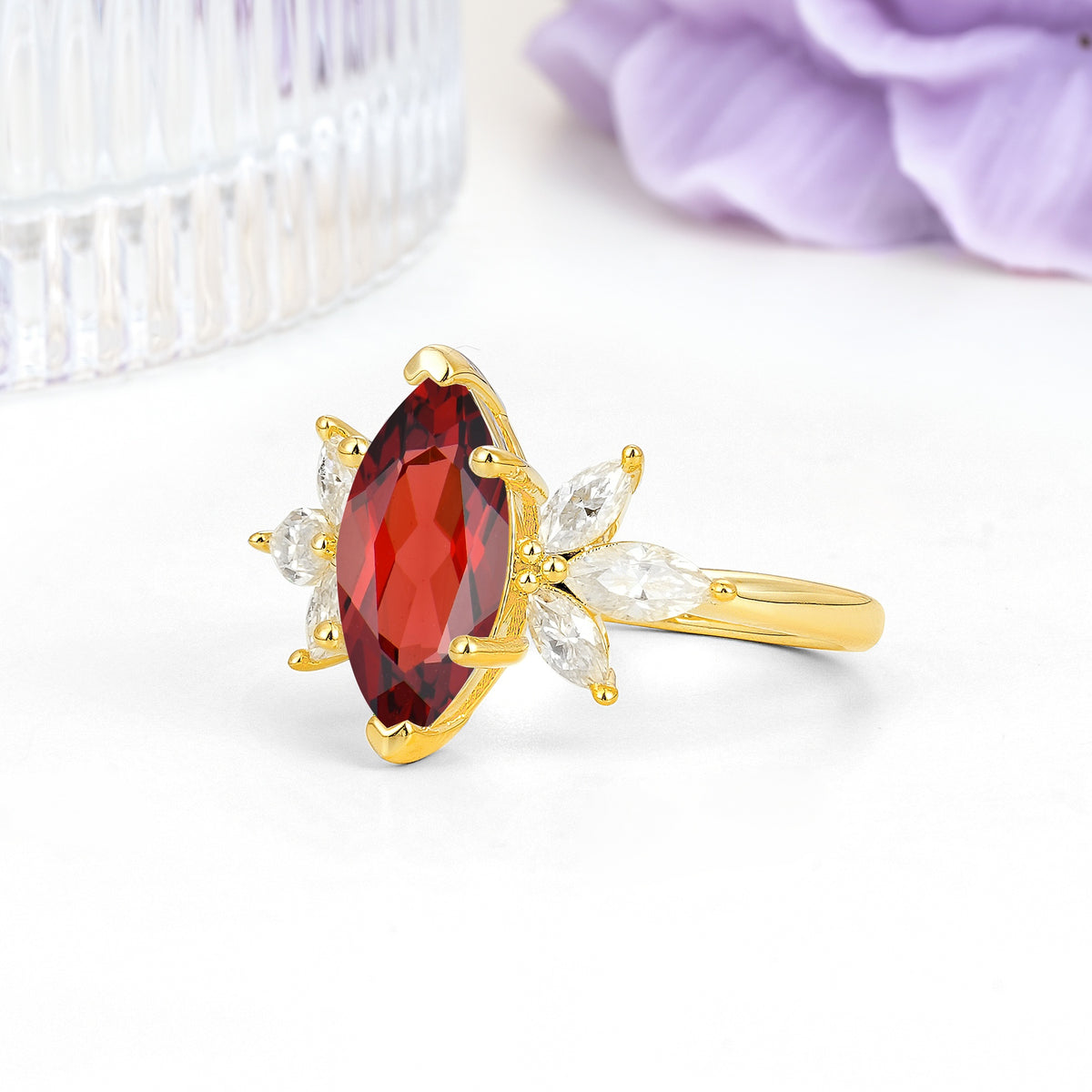 Large Marquise Center Solitaire Symmetric Three Marquise Cut Side PetalGarnet Engagement Ring - Additional view