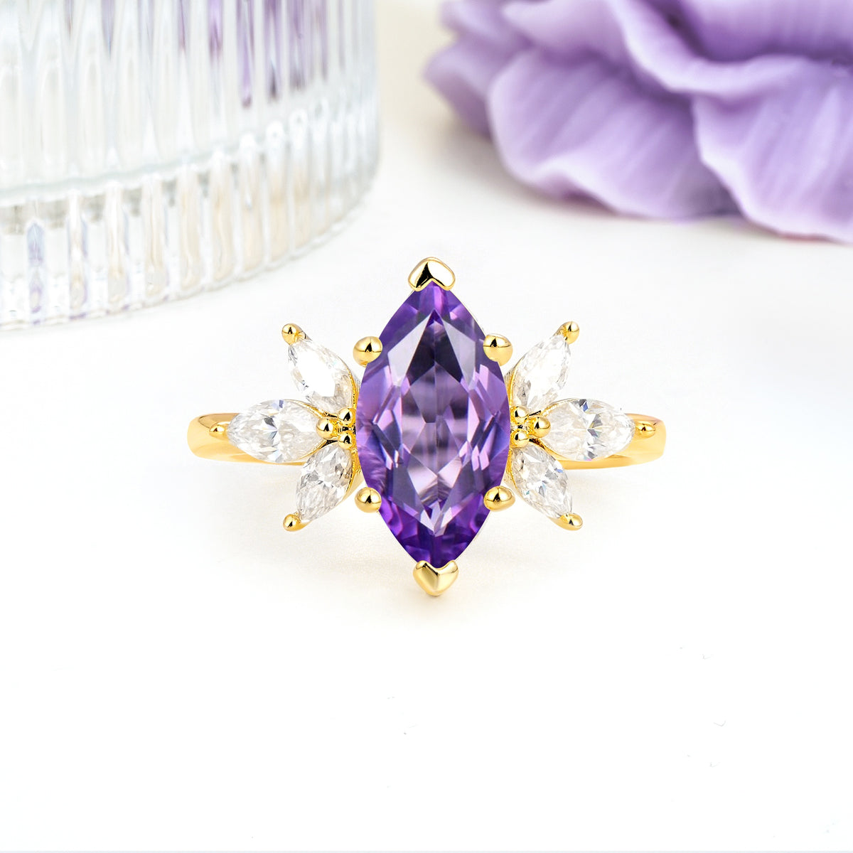 Large Marquise Center Solitaire Symmetric Three Marquise Cut Side PetalAmethyst Engagement Ring - Additional view