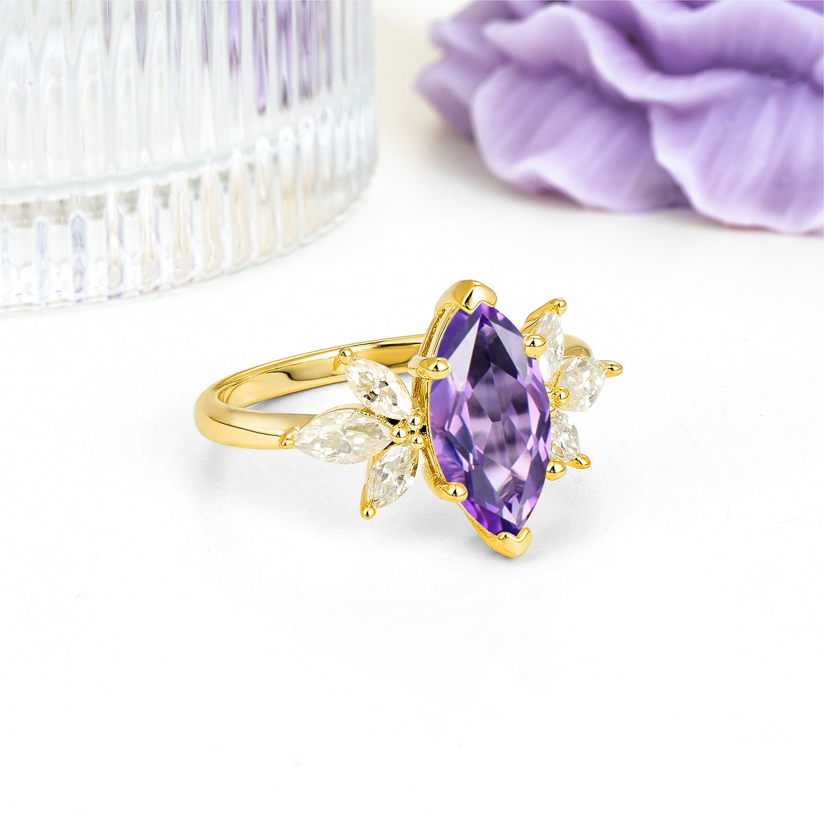 Large Marquise Center Solitaire Symmetric Three Marquise Cut Side PetalAmethyst Engagement Ring - Additional view