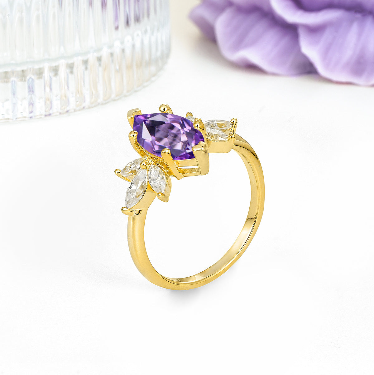 Large Marquise Center Solitaire Symmetric Three Marquise Cut Side PetalAmethyst Engagement Ring - Additional view