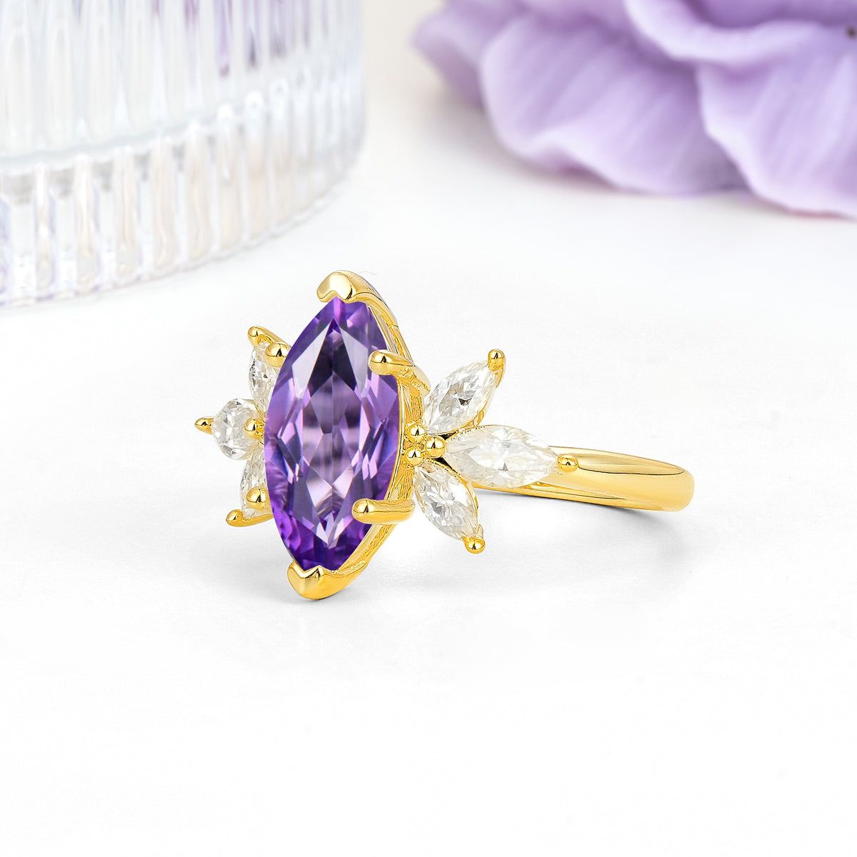 Large Marquise Center Solitaire Symmetric Three Marquise Cut Side PetalAmethyst Engagement Ring - Additional view