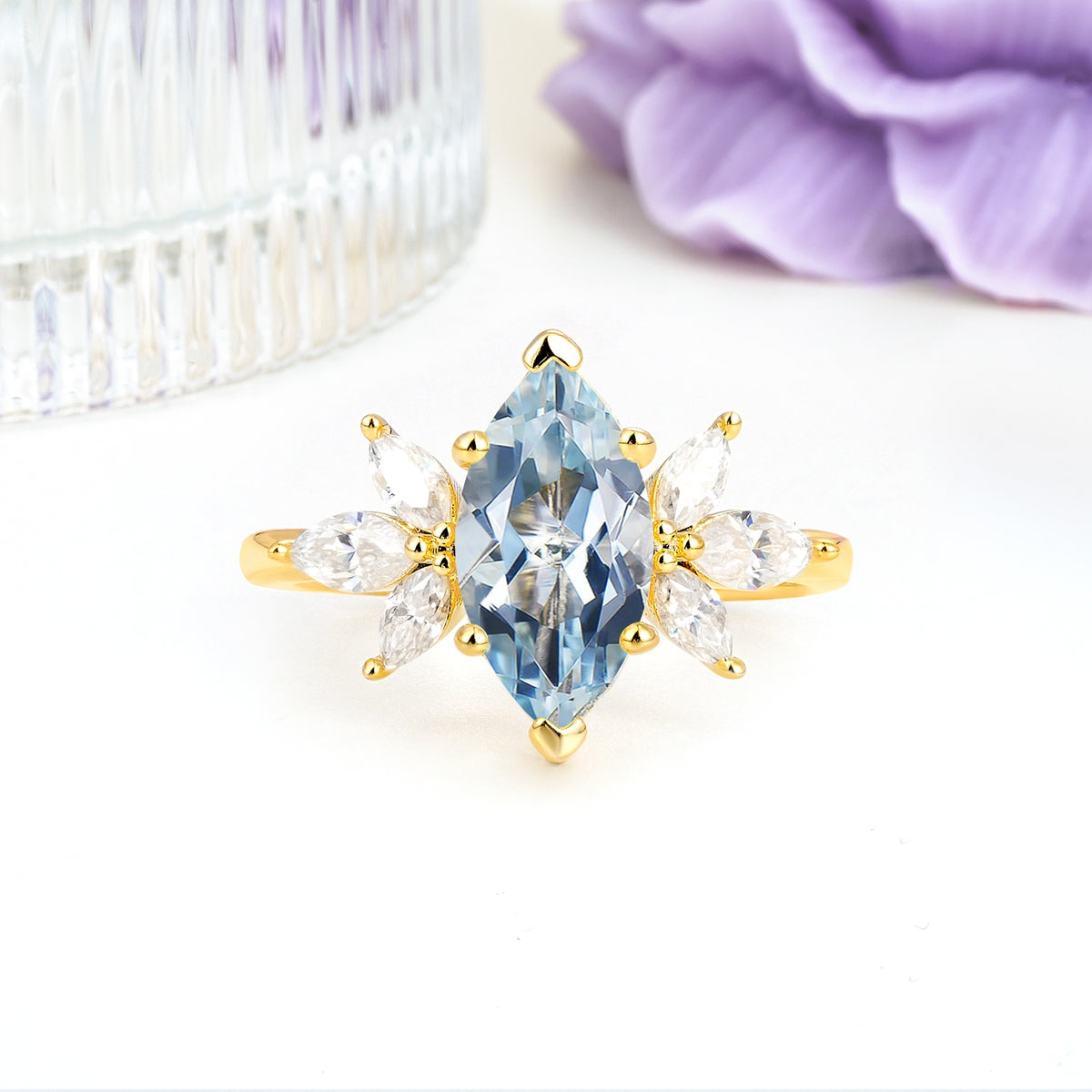 Large Marquise Center Solitaire Symmetric Three Marquise Cut Side PetalAquamarine Engagement Ring - Additional view