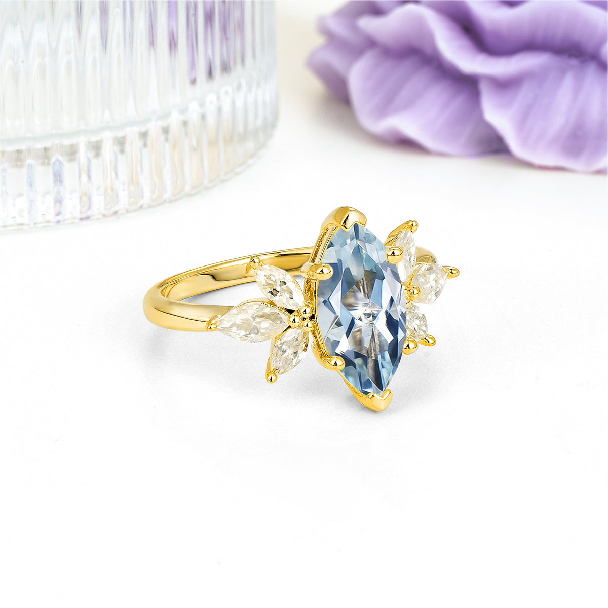 Large Marquise Center Solitaire Symmetric Three Marquise Cut Side PetalAquamarine Engagement Ring - Additional view
