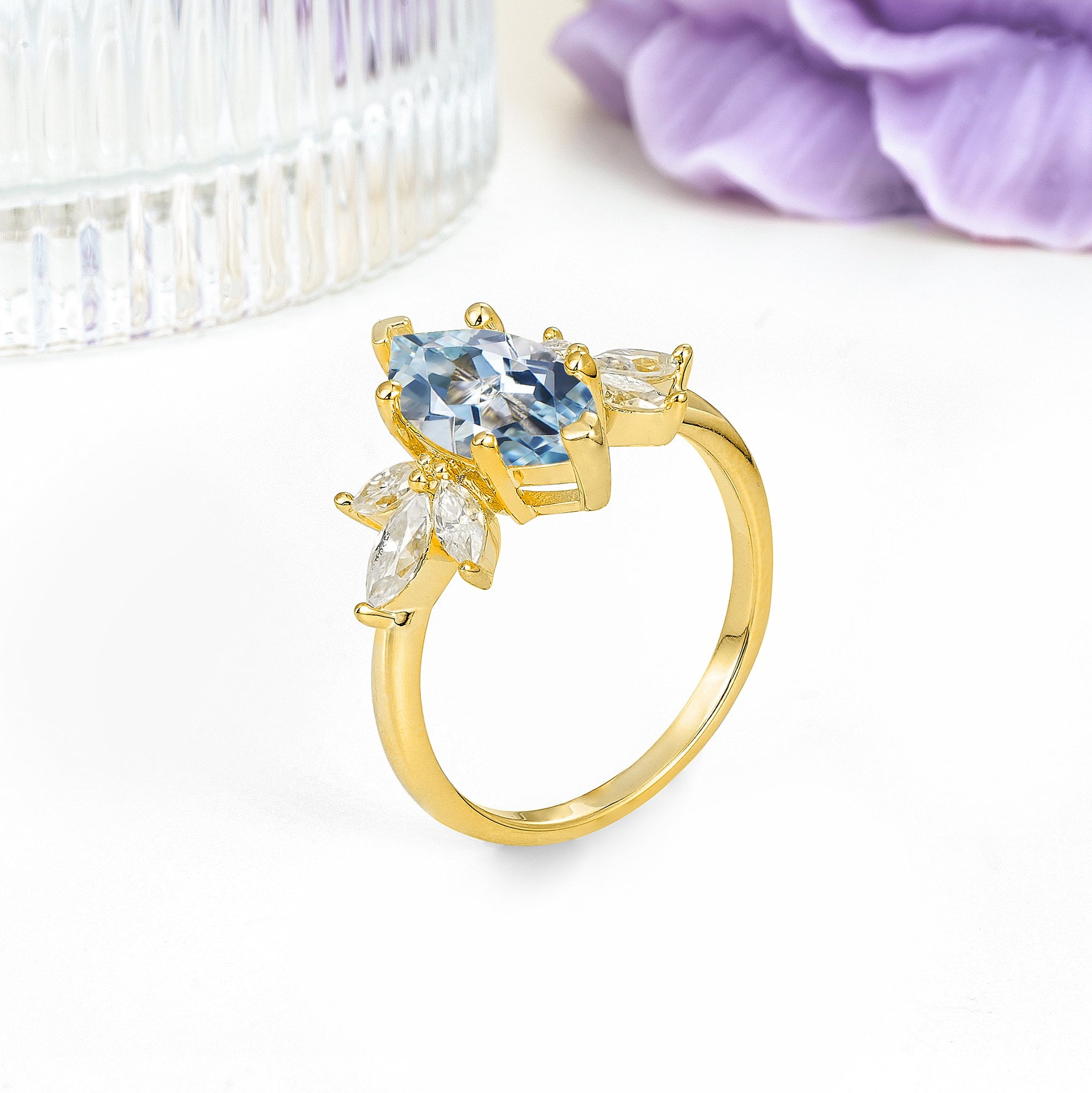 Large Marquise Center Solitaire Symmetric Three Marquise Cut Side PetalAquamarine Engagement Ring - Additional view