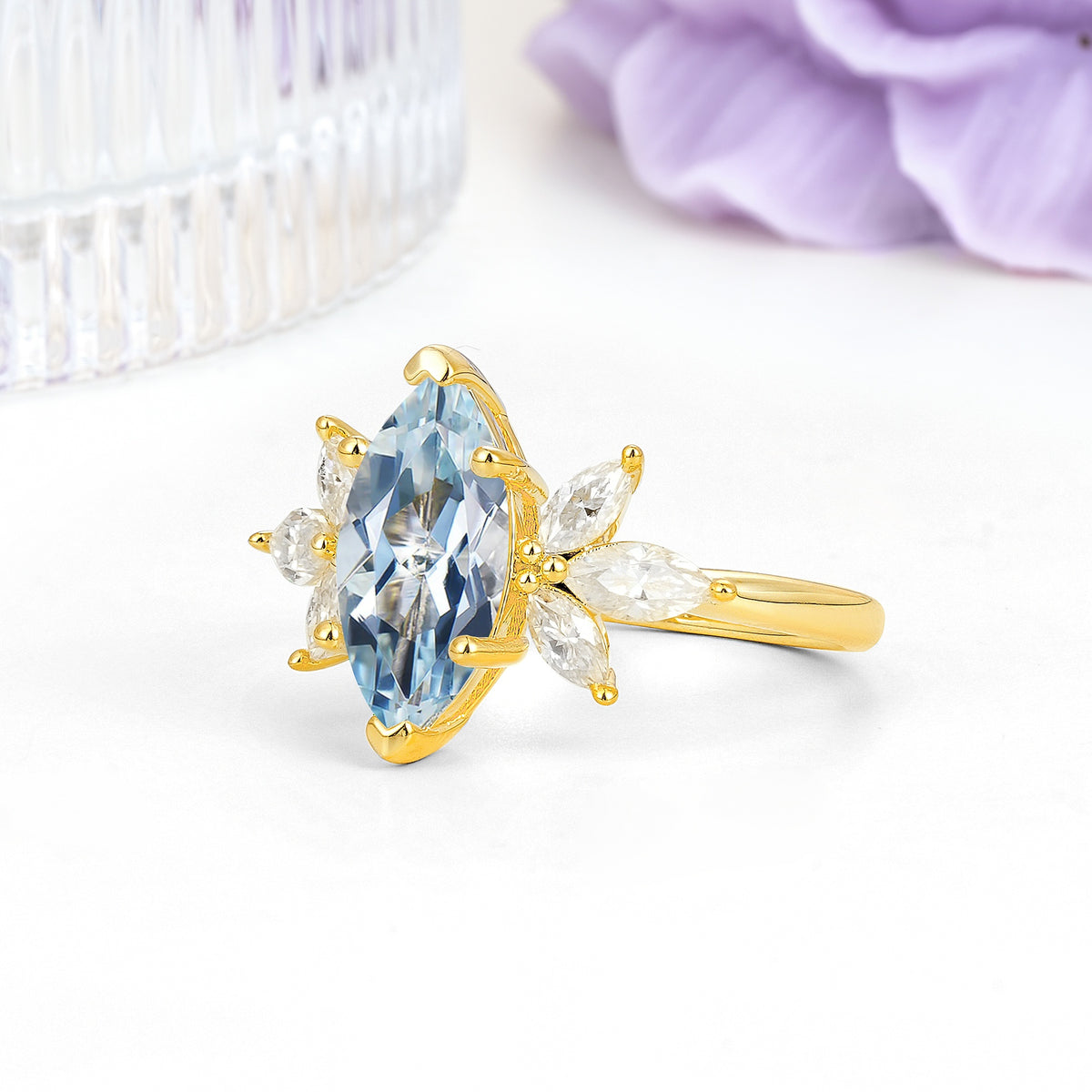 Large Marquise Center Solitaire Symmetric Three Marquise Cut Side PetalAquamarine Engagement Ring - Additional view