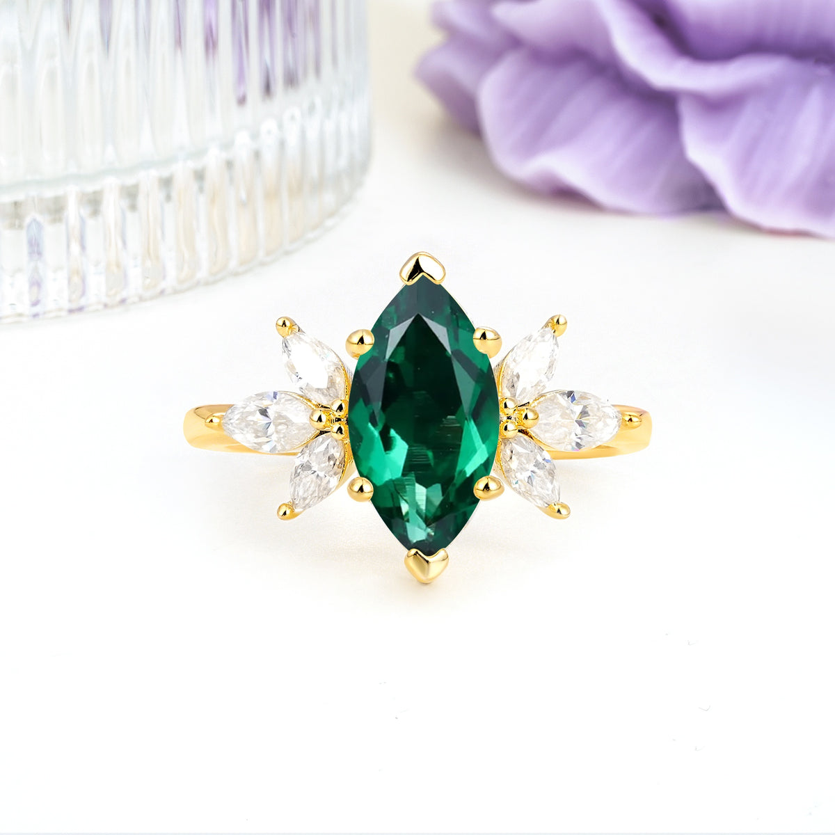Large Marquise Center Solitaire Symmetric Three Marquise Cut Side PetalEmerald Engagement Ring - Additional view