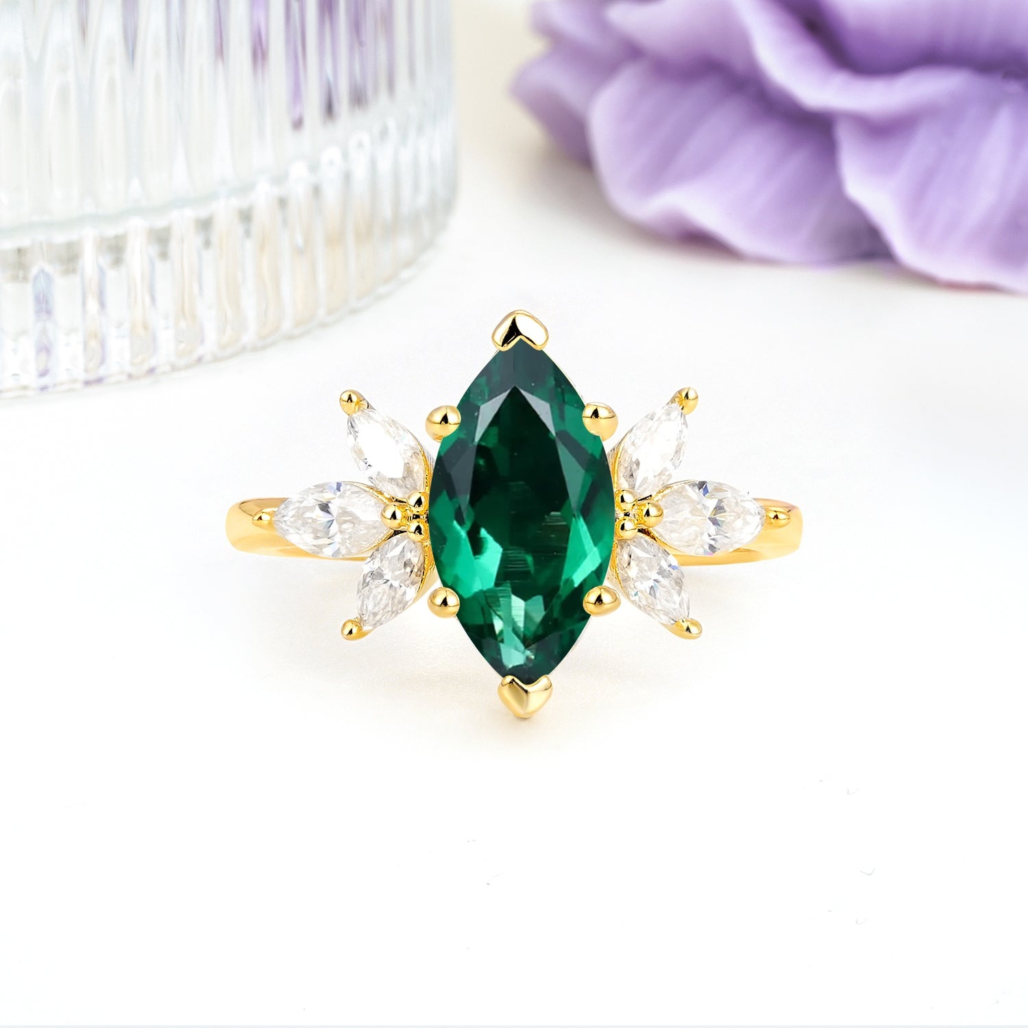 Large Marquise Center Solitaire Symmetric Three Marquise Cut Side PetalEmerald Engagement Ring - Additional view