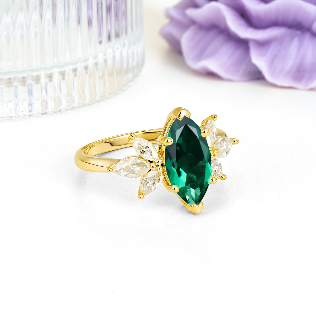 Large Marquise Center Solitaire Symmetric Three Marquise Cut Side PetalEmerald Engagement Ring - Additional view