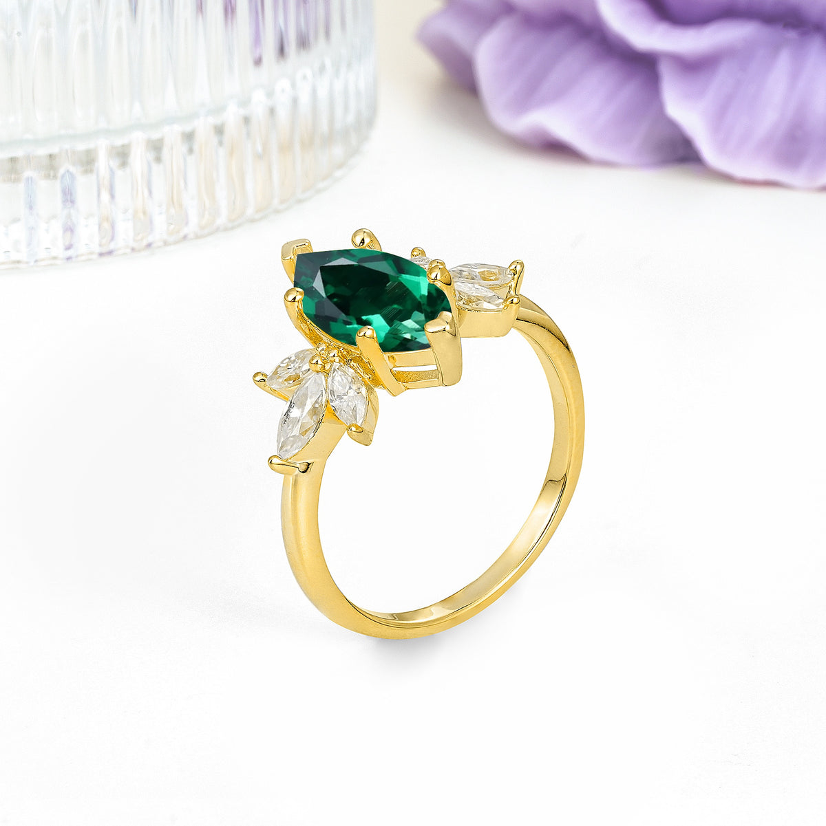 Large Marquise Center Solitaire Symmetric Three Marquise Cut Side PetalEmerald Engagement Ring - Additional view