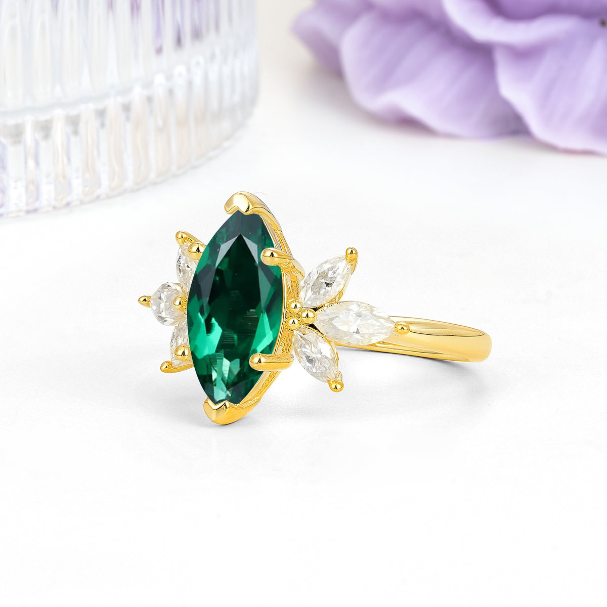 Large Marquise Center Solitaire Symmetric Three Marquise Cut Side PetalEmerald Engagement Ring - Additional view