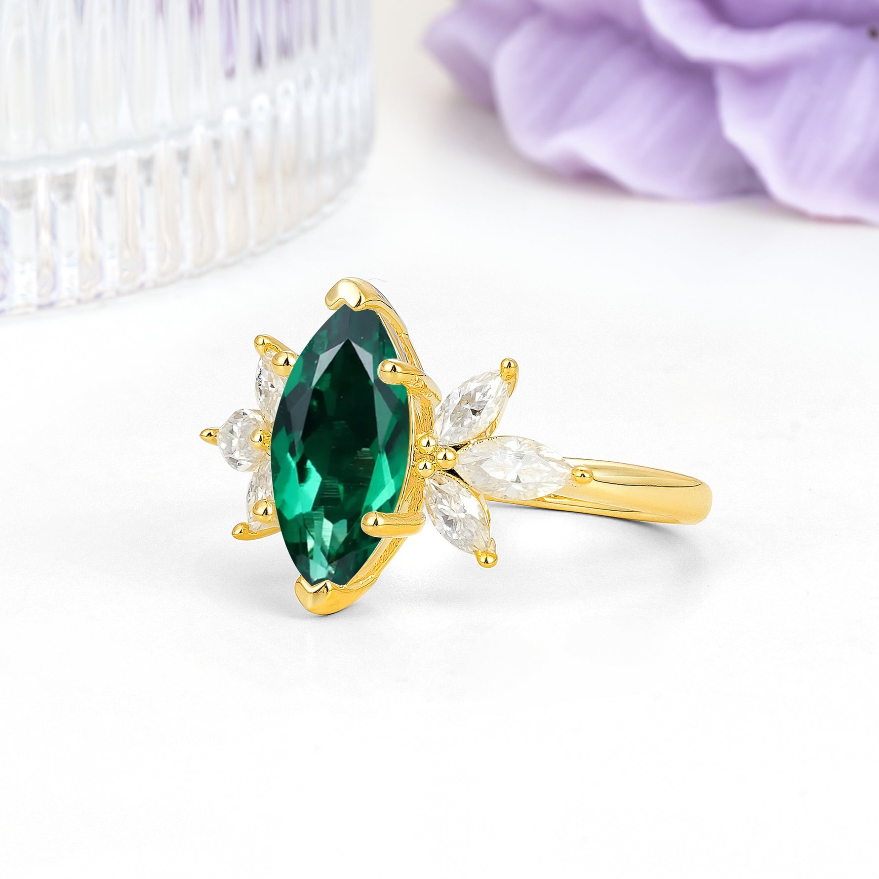 Large Marquise Center Solitaire Symmetric Three Marquise Cut Side PetalEmerald Engagement Ring - Additional view