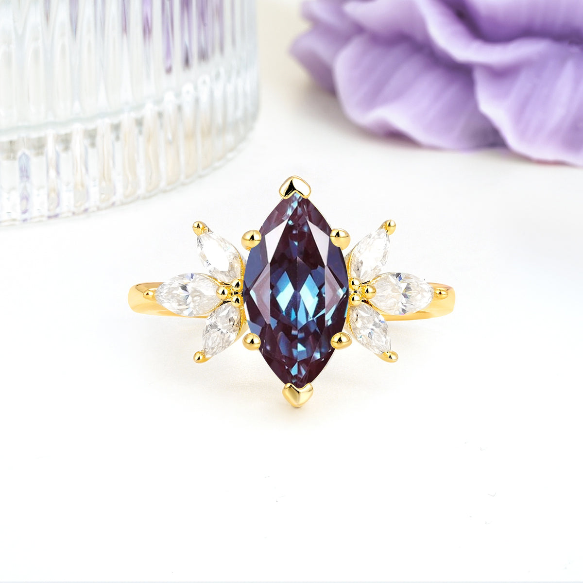 Large Marquise Center Solitaire Symmetric Three Marquise Cut Side PetalAlexandrite Engagement Ring - Additional view