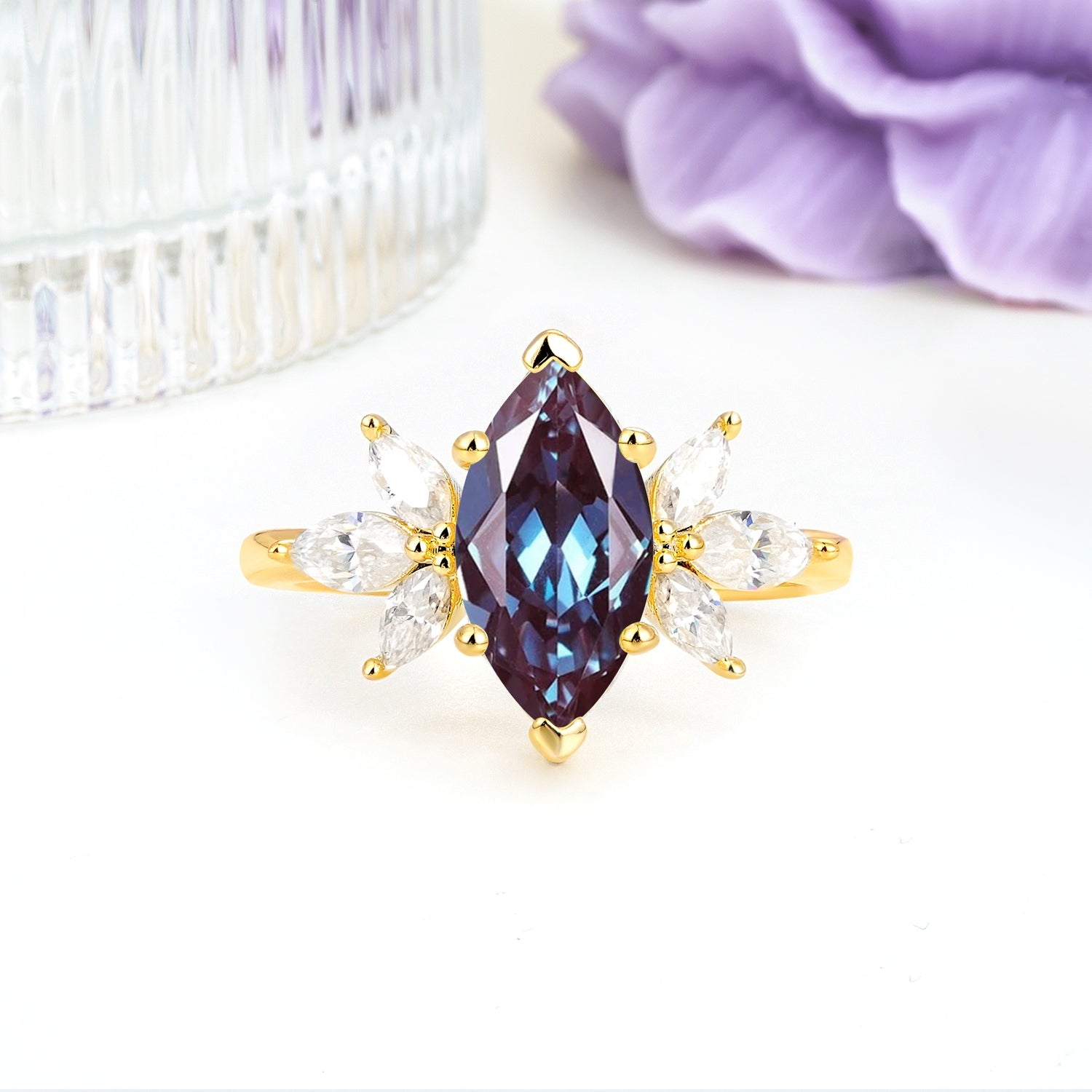 Large Marquise Center Solitaire Symmetric Three Marquise Cut Side PetalAlexandrite Engagement Ring - Additional view