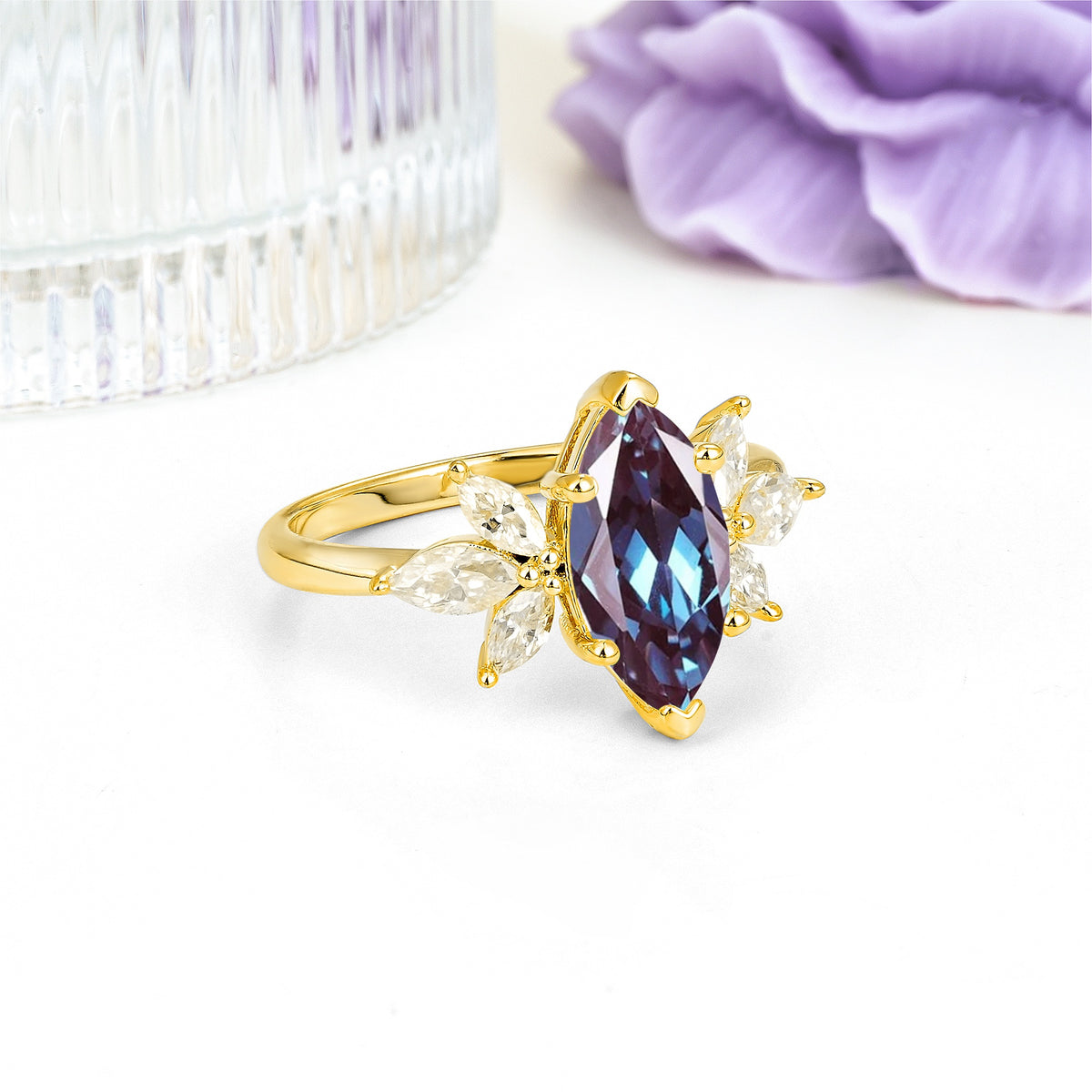 Large Marquise Center Solitaire Symmetric Three Marquise Cut Side PetalAlexandrite Engagement Ring - Additional view