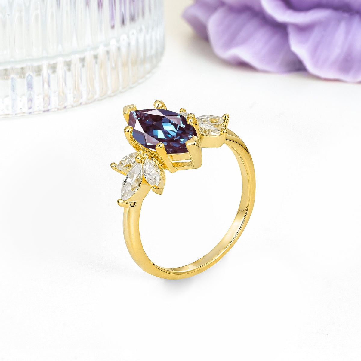 Large Marquise Center Solitaire Symmetric Three Marquise Cut Side PetalAlexandrite Engagement Ring - Additional view