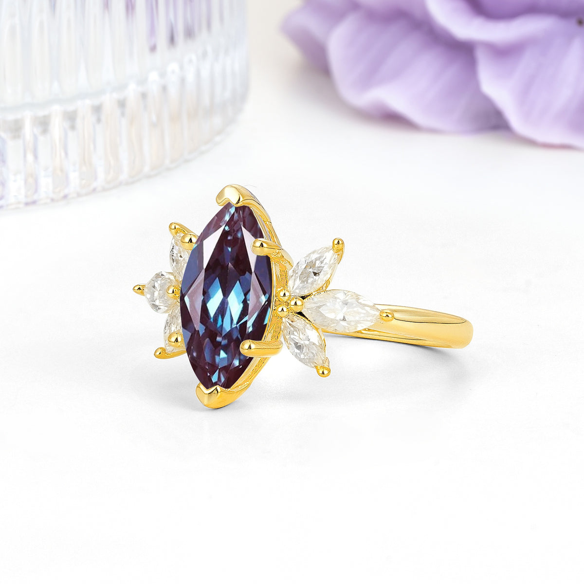 Large Marquise Center Solitaire Symmetric Three Marquise Cut Side PetalAlexandrite Engagement Ring - Additional view
