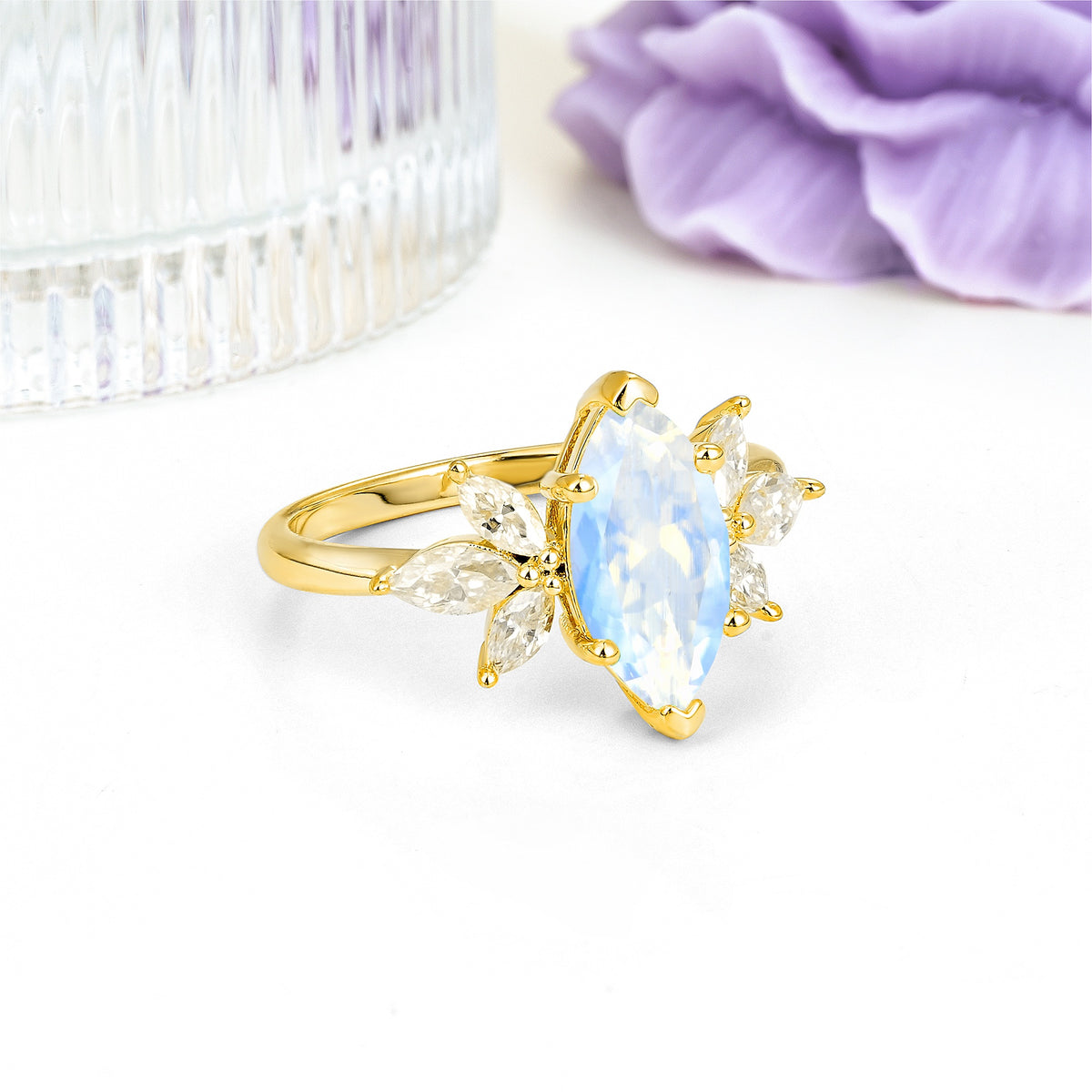 Large Marquise Center Solitaire Symmetric Three Marquise Cut Side PetalMoonstone Engagement Ring - Additional view