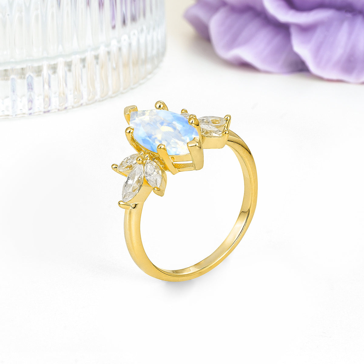 Large Marquise Center Solitaire Symmetric Three Marquise Cut Side PetalMoonstone Engagement Ring - Additional view