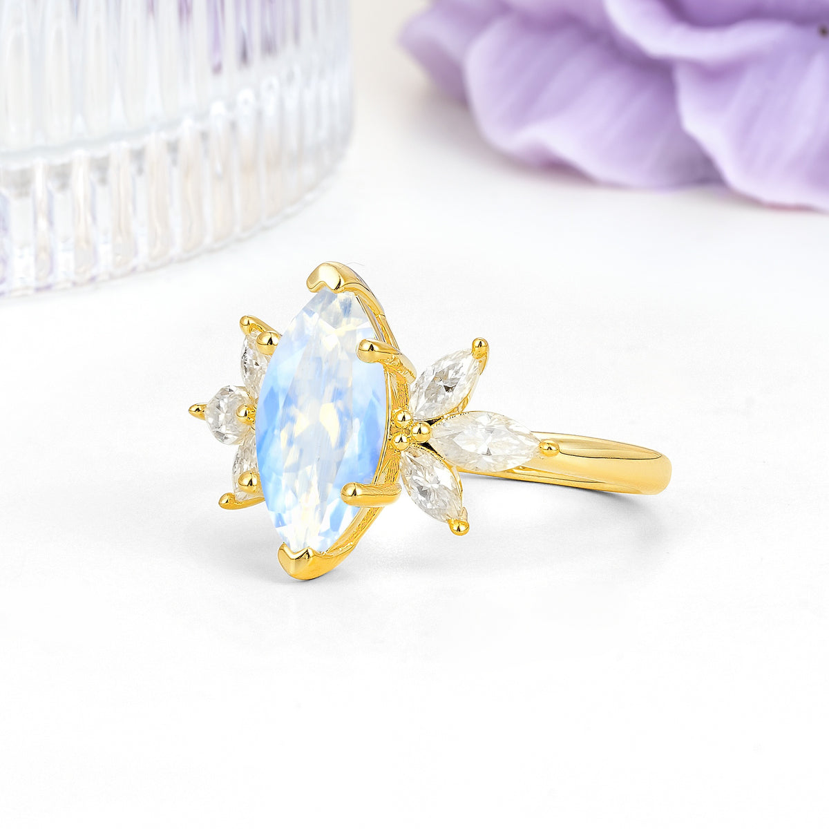 Large Marquise Center Solitaire Symmetric Three Marquise Cut Side PetalMoonstone Engagement Ring - Additional view