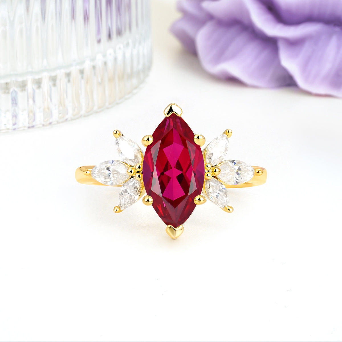 Large Marquise Center Solitaire Symmetric Three Marquise Cut Side PetalRuby Engagement Ring - Additional view