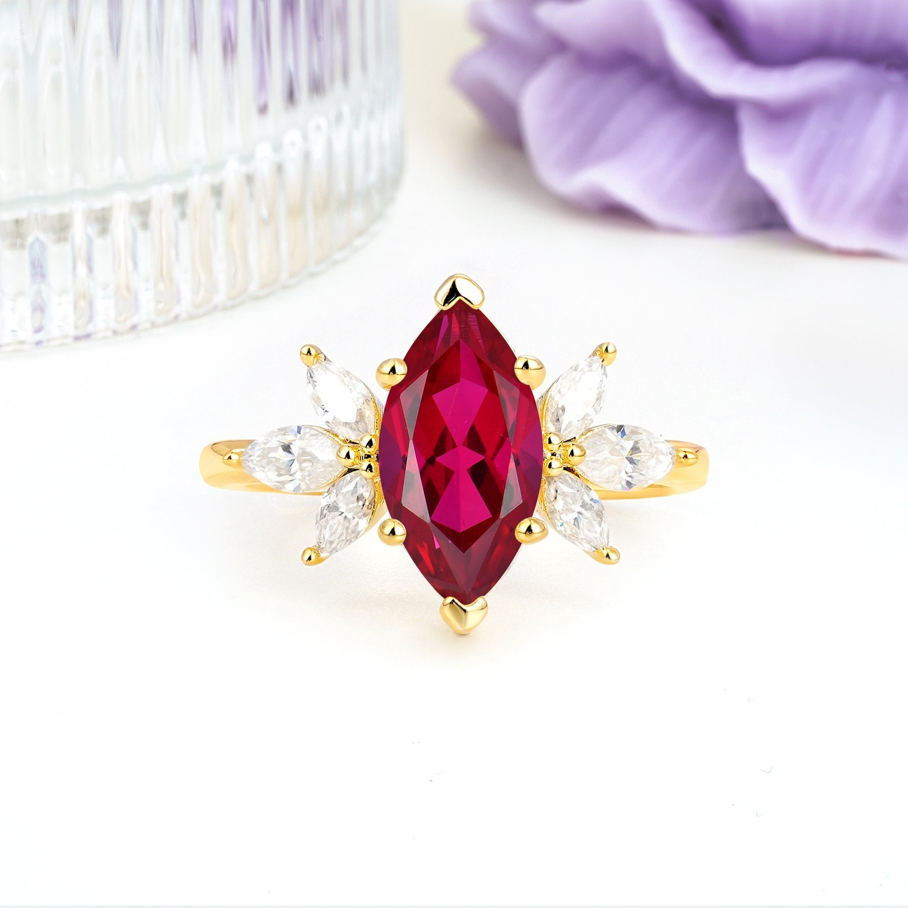 Large Marquise Center Solitaire Symmetric Three Marquise Cut Side PetalRuby Engagement Ring - Additional view