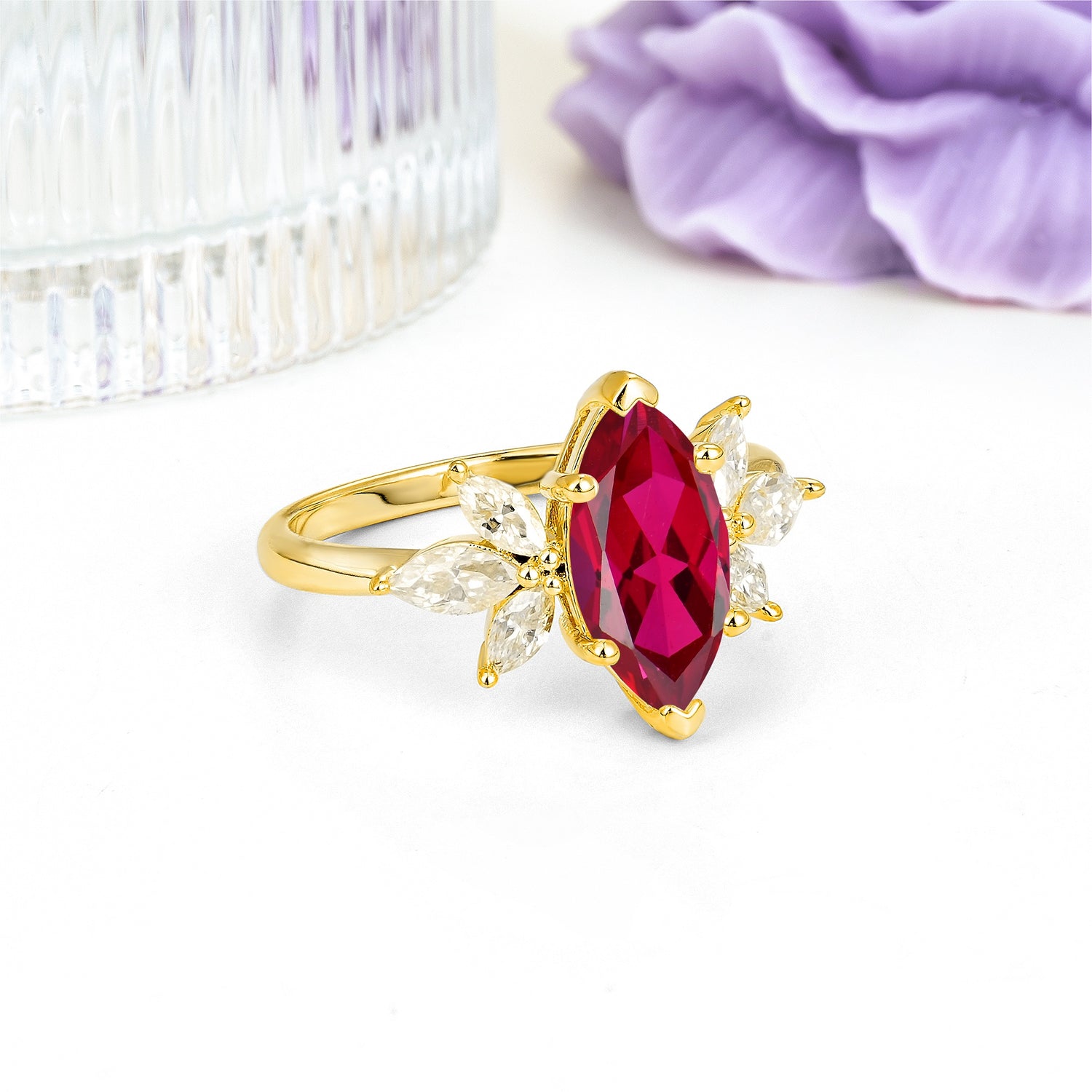 Large Marquise Center Solitaire Symmetric Three Marquise Cut Side PetalRuby Engagement Ring - Additional view