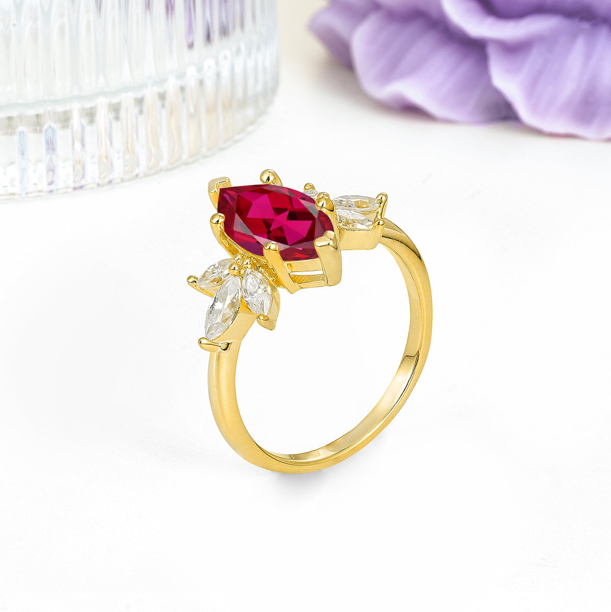 Large Marquise Center Solitaire Symmetric Three Marquise Cut Side PetalRuby Engagement Ring - Additional view