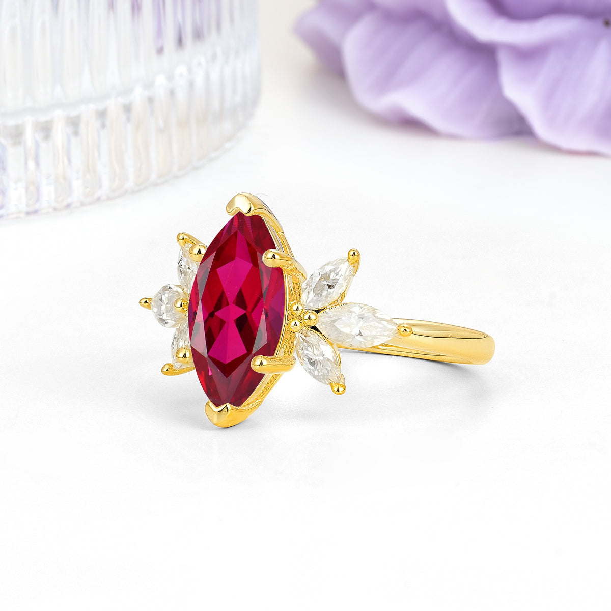 Large Marquise Center Solitaire Symmetric Three Marquise Cut Side PetalRuby Engagement Ring - Additional view