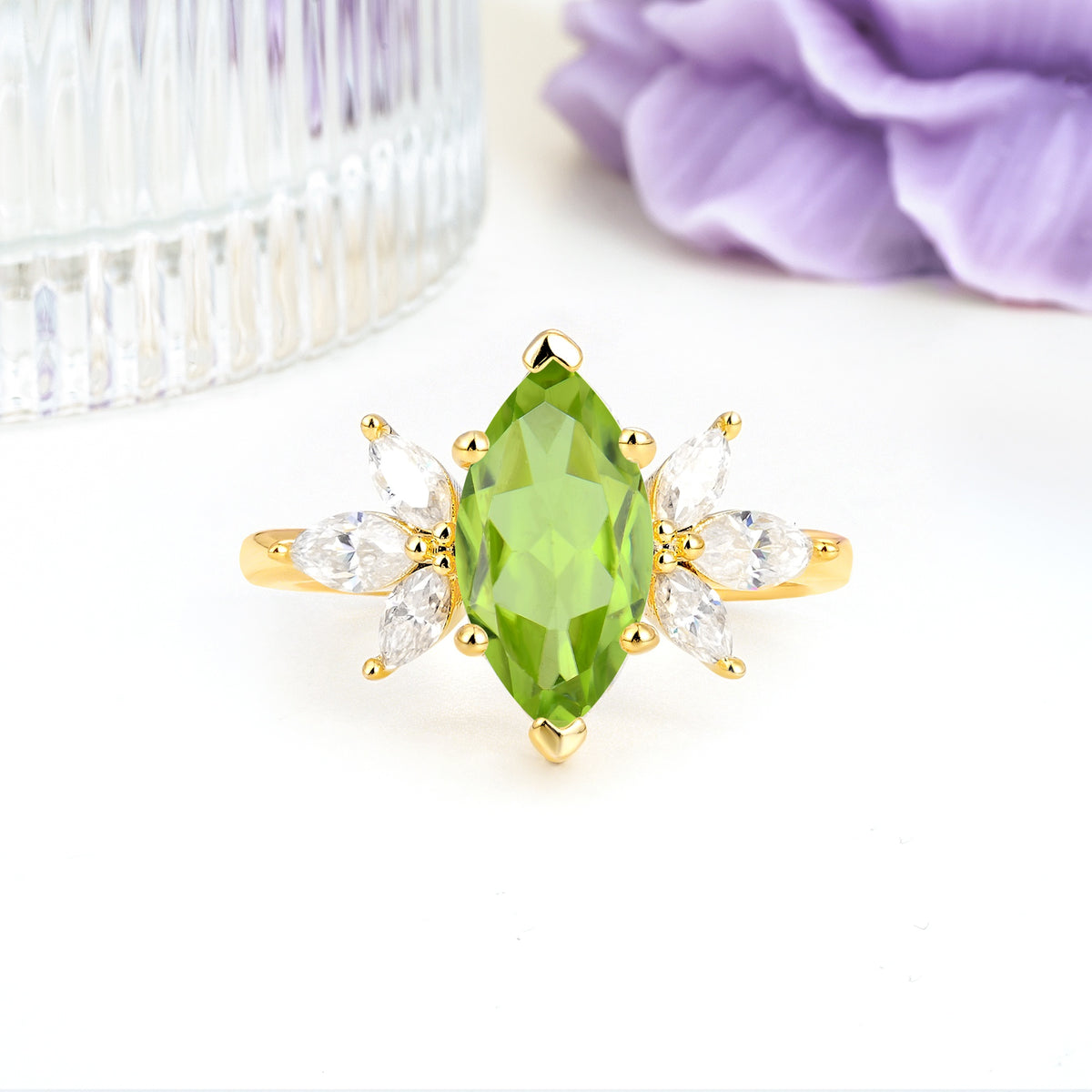 Large Marquise Center Solitaire Symmetric Three Marquise Cut Side PetalPeridot Engagement Ring - Additional view