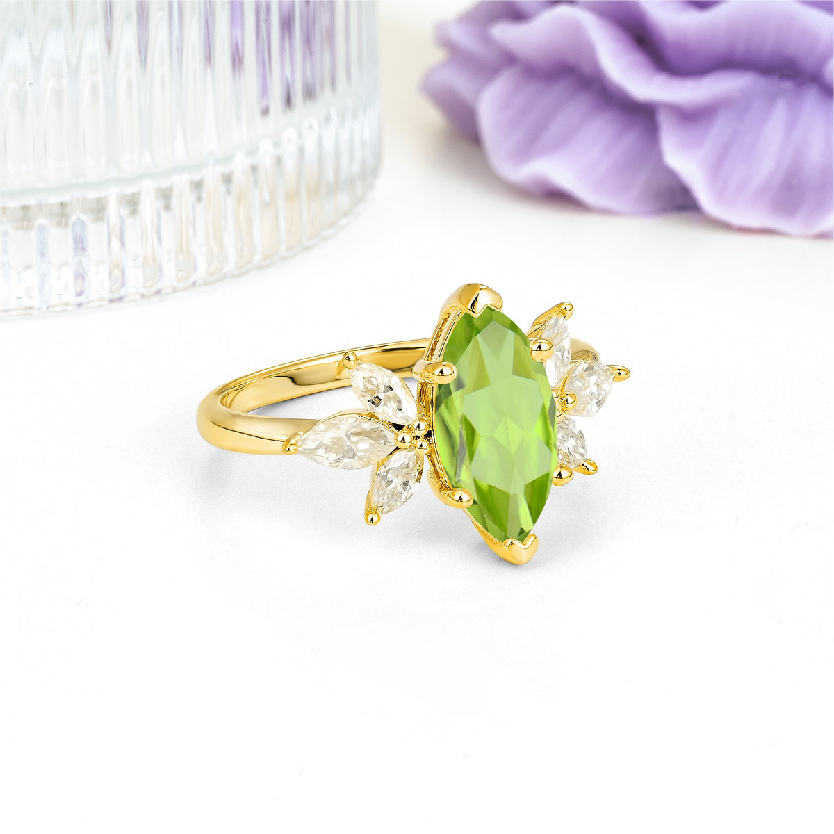 Large Marquise Center Solitaire Symmetric Three Marquise Cut Side PetalPeridot Engagement Ring - Additional view