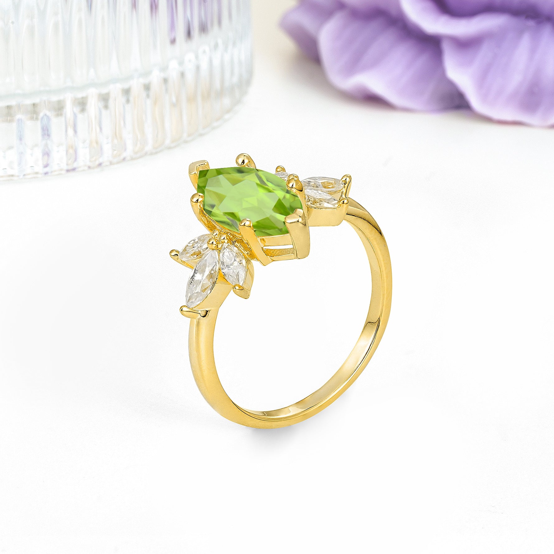 Large Marquise Center Solitaire Symmetric Three Marquise Cut Side PetalPeridot Engagement Ring - Additional view